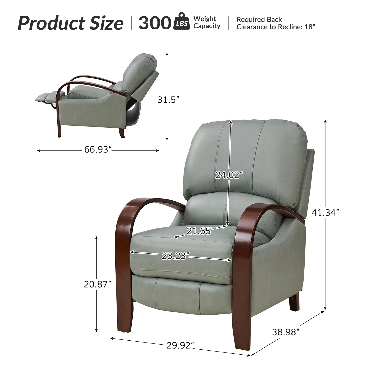 Alex Mid-century Modern Cigar Genuine Leather Manual Recliner with Wooden Curved Arms, Set of 2