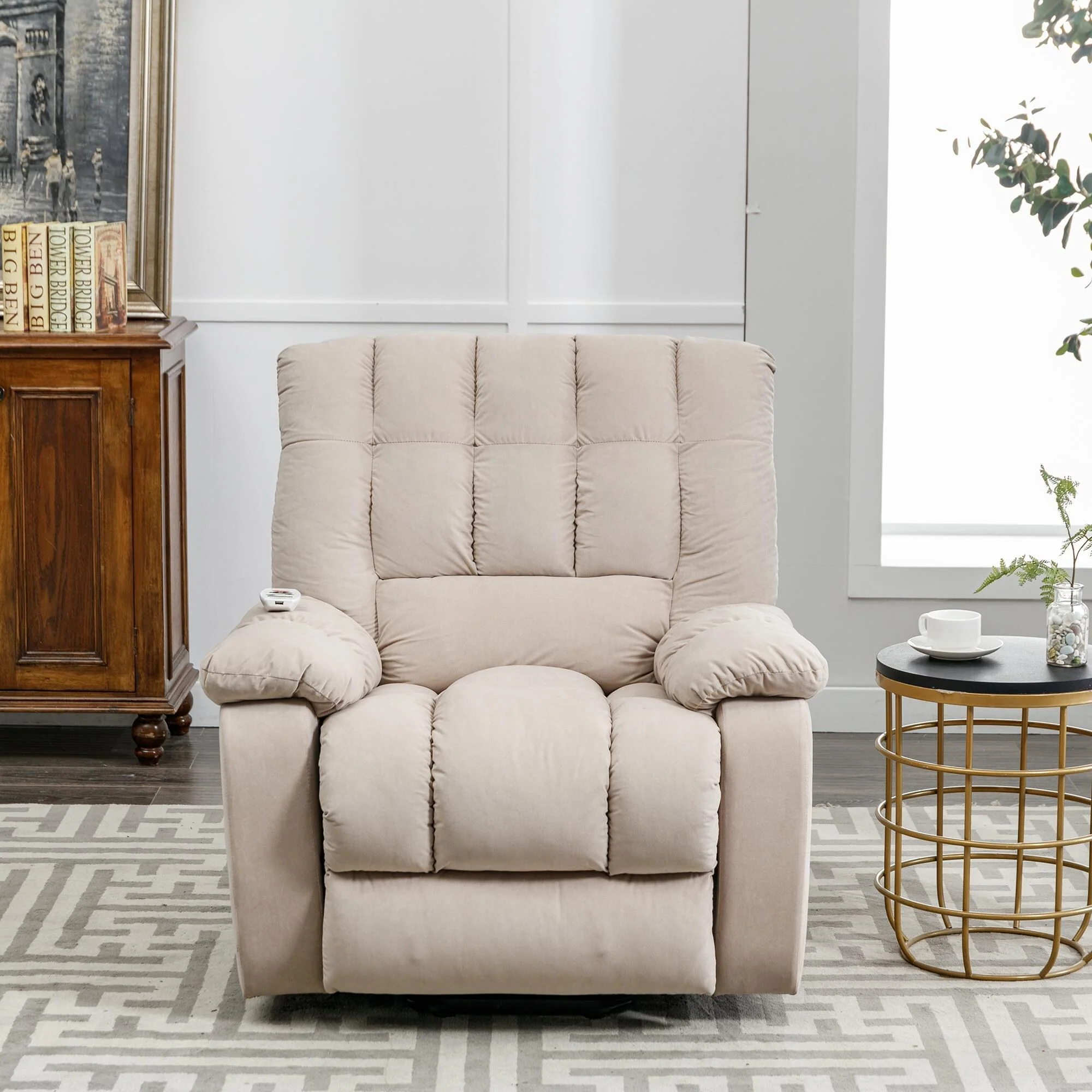 Beige Electric Power Lift Recliner with Heat, Vibration Massage, and Side Pocket Storage for Living Room Use