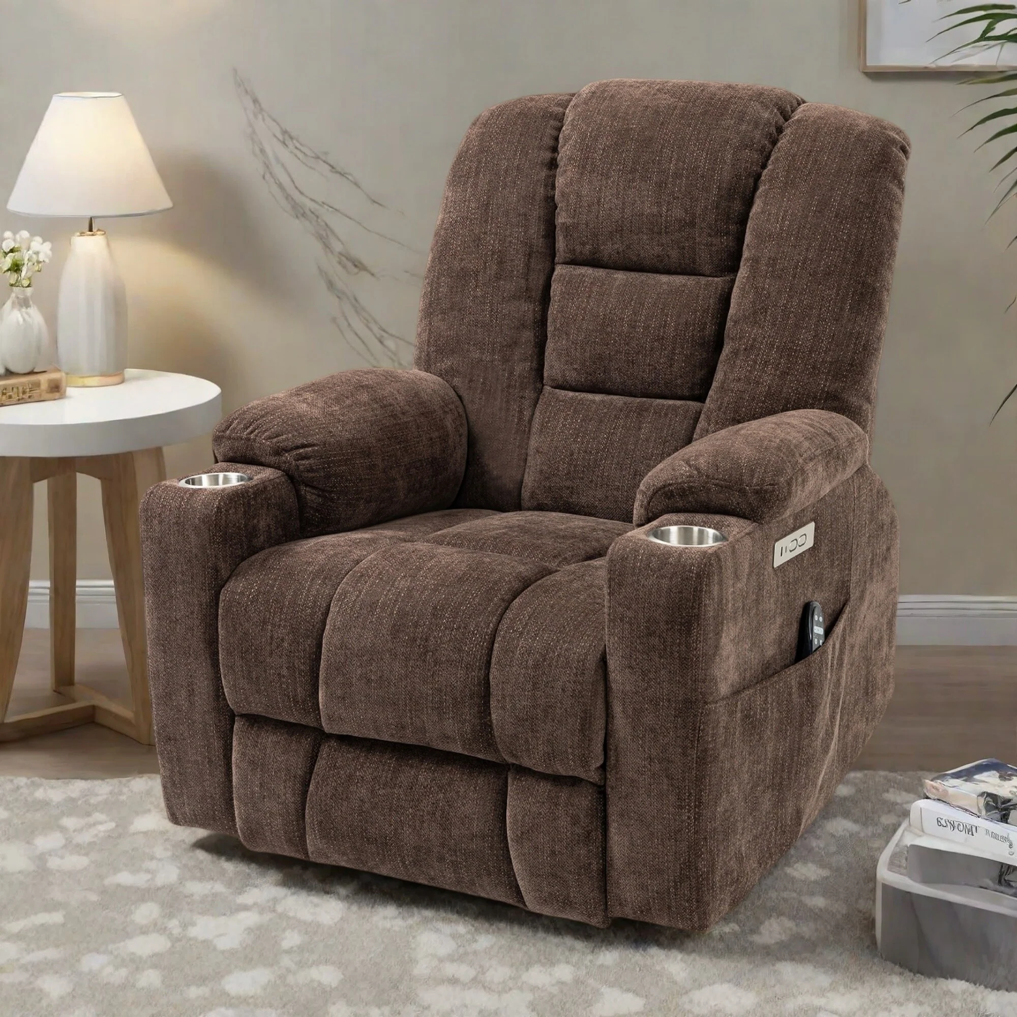 Power Lift Recliner Chair with Dual USB Ports, Cup Holders, Chenille Fabric, 155�� Recline, Easy Assembly