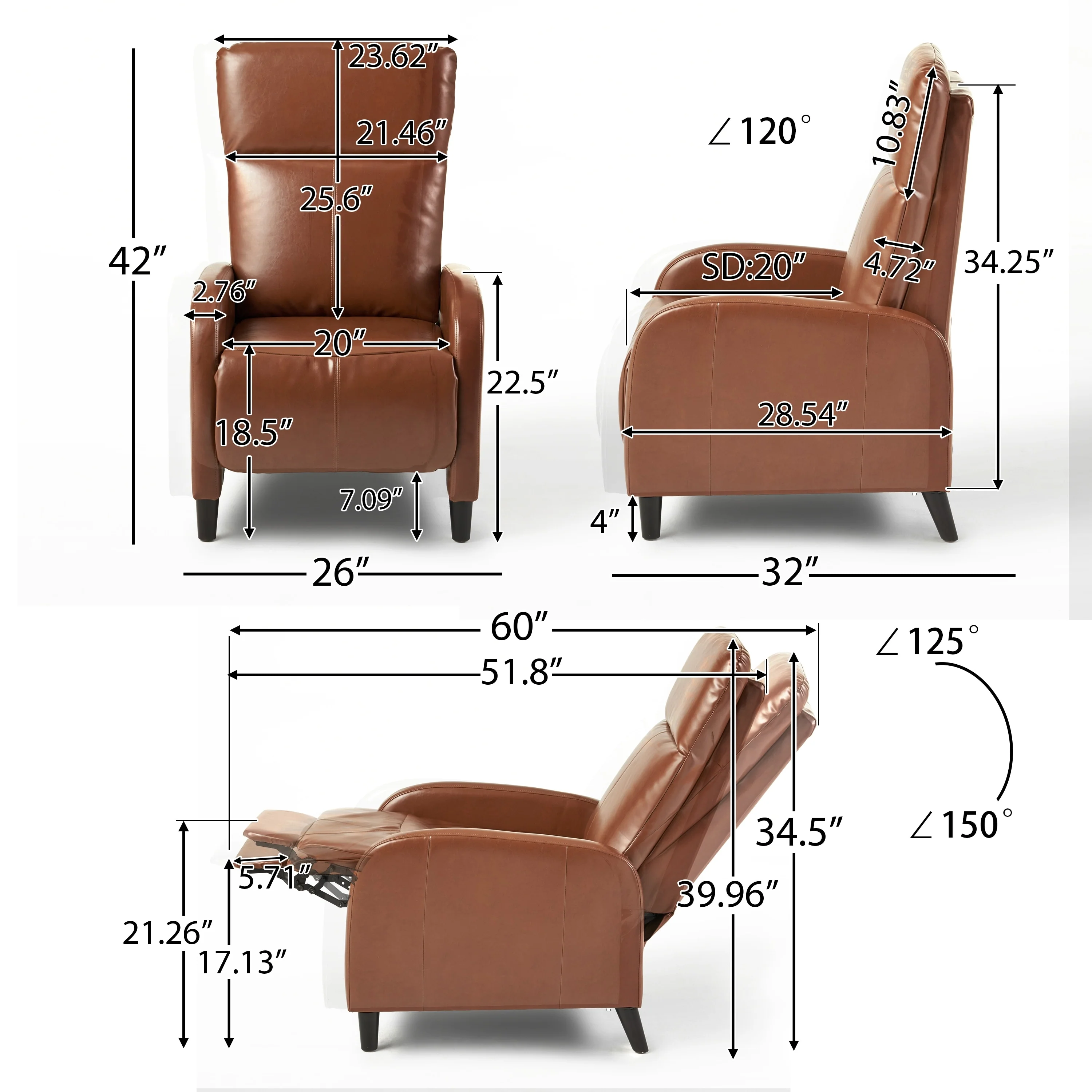 Roomfitters 33.5 Wide Faux Leather Push Back Standard Recliner, Brown
