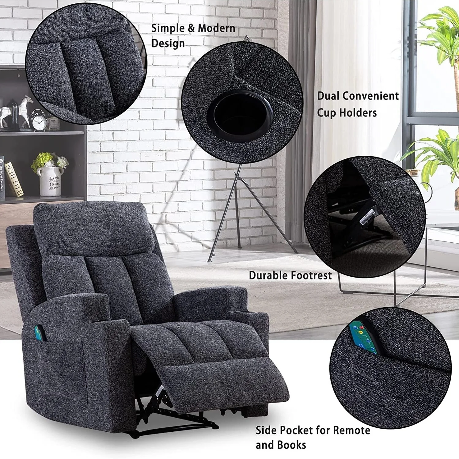 Manual Recliner Massage and Heating Chair Sofa with 2 Cup Holders Breathable Fabric