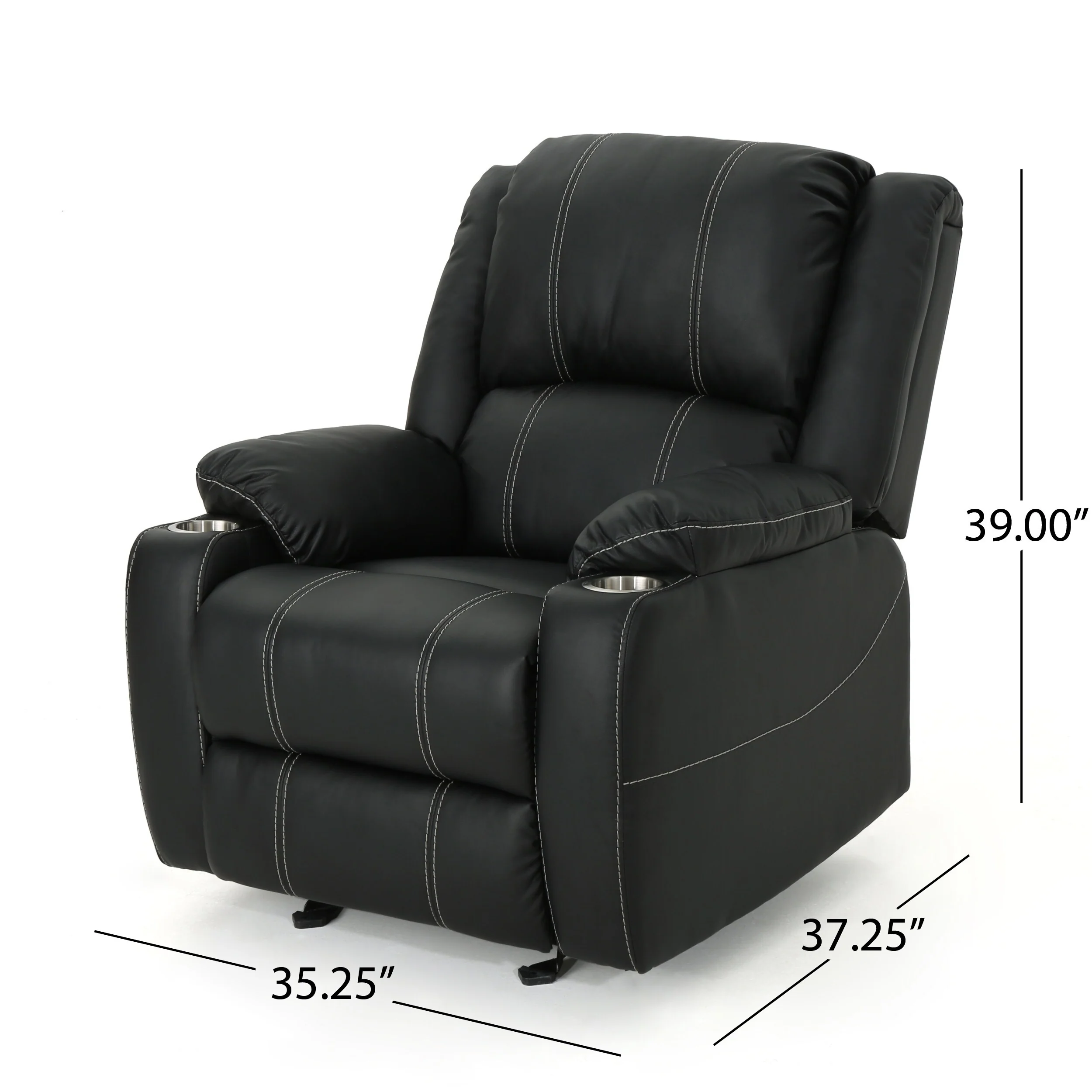 Black Modern Manual Recliner with Steel Cup Holders, Plush PU Leather, and Adjustable Reclining Backrest