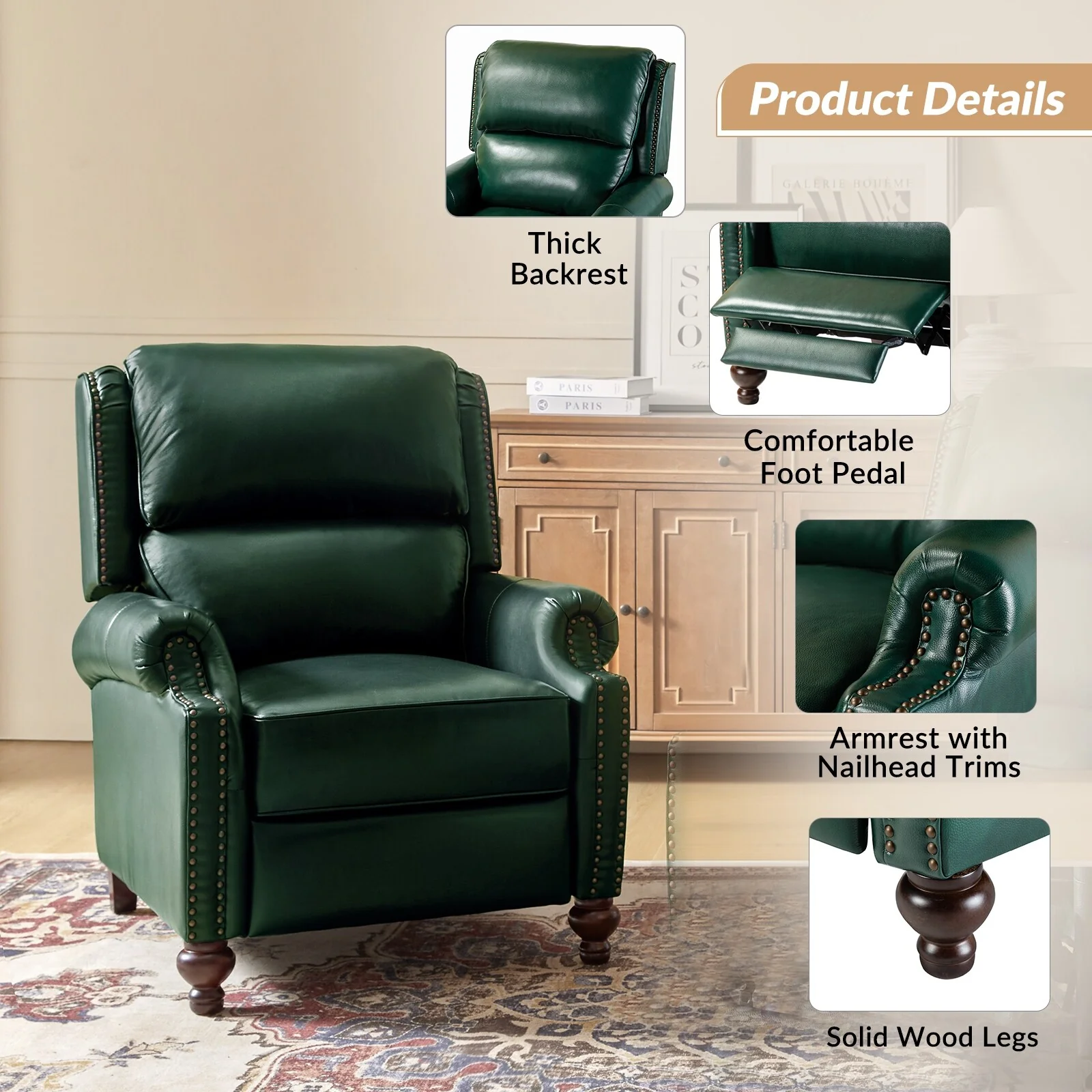 Gabriela Mid-Century Modern Genuine Leather Recliner Nail Head Trim Set of 2 by HULALA HOME