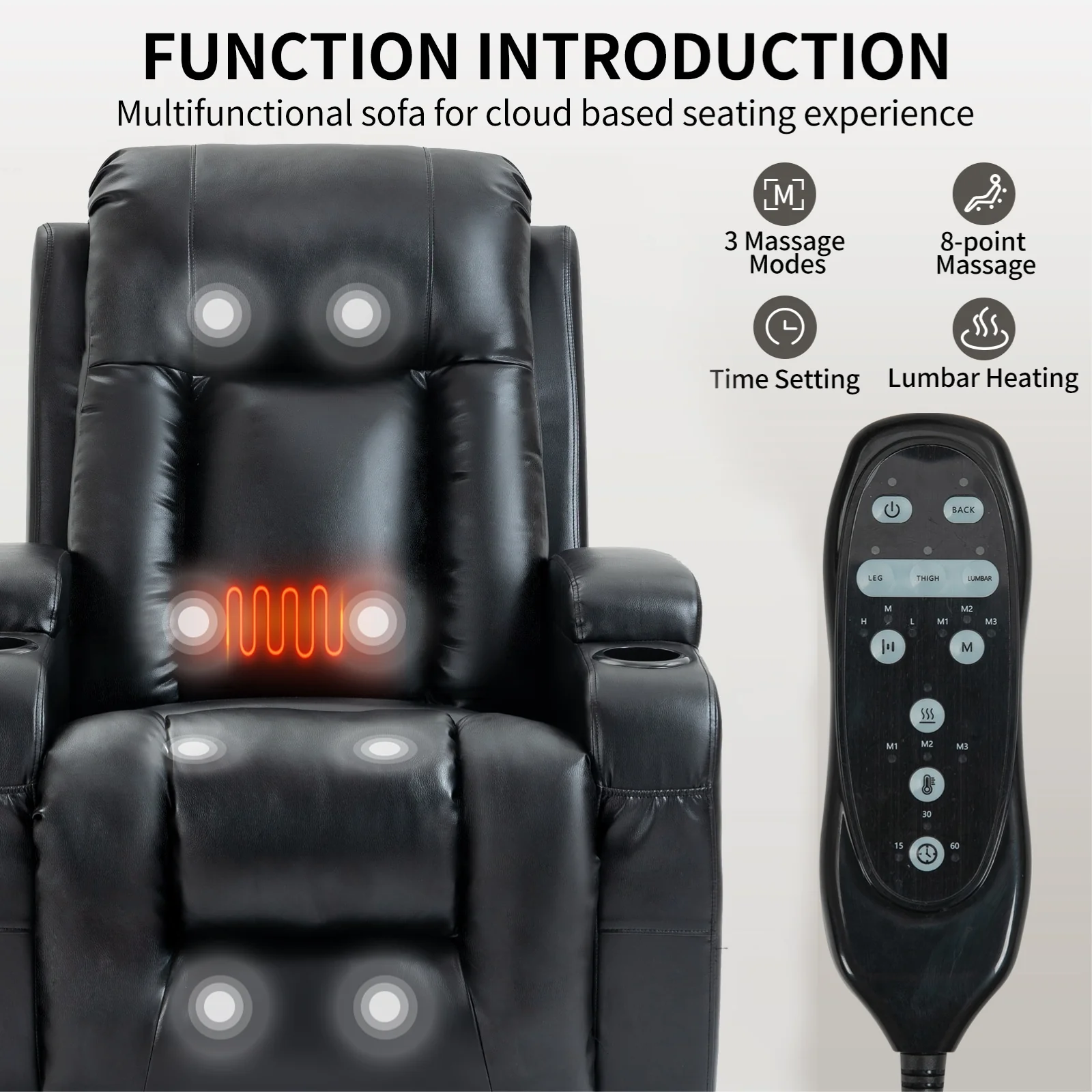 Heavy-Duty Power Lift Recliner with 8-Point Massage, Lumbar Heat Therapy, USB Charging, Dual Cup Holders, and Spacious Seating