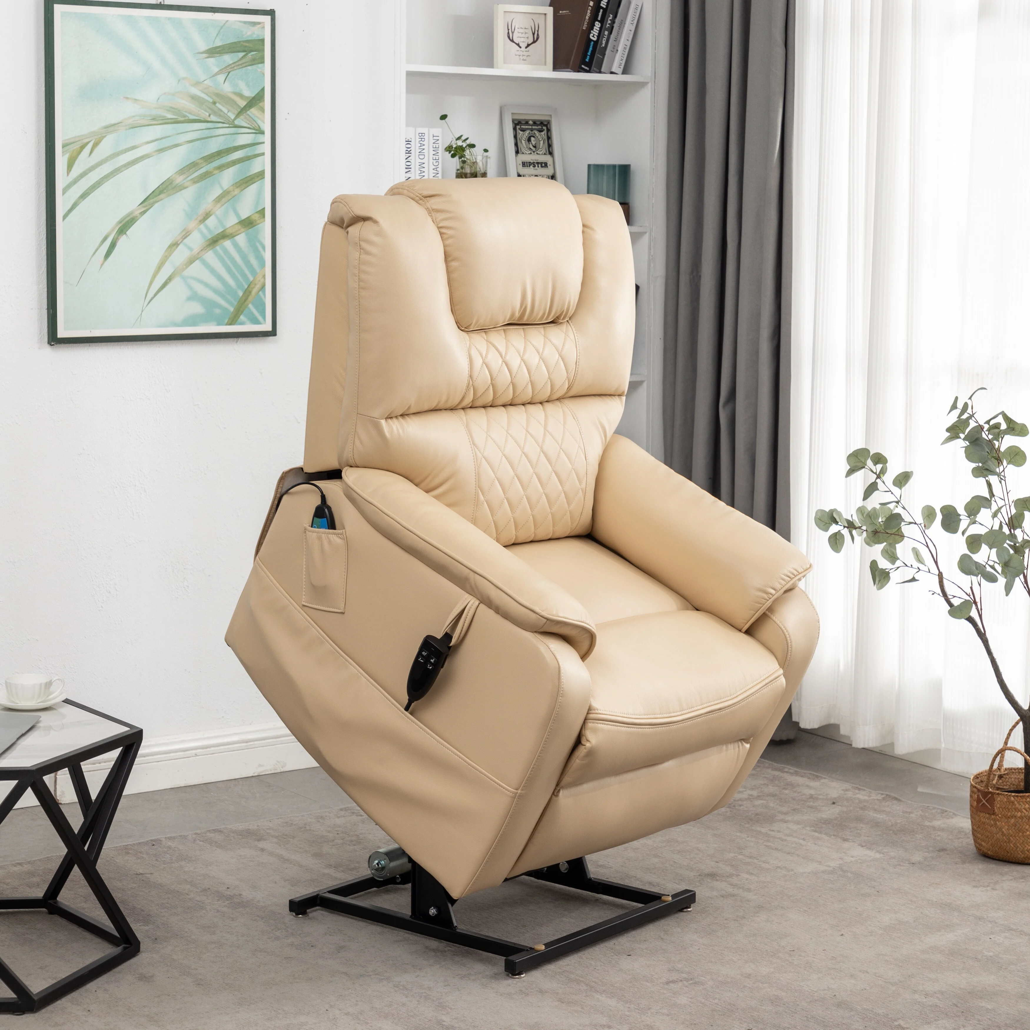 Beige PU Leather Power Lift Recliner, Massage, Flat Lay