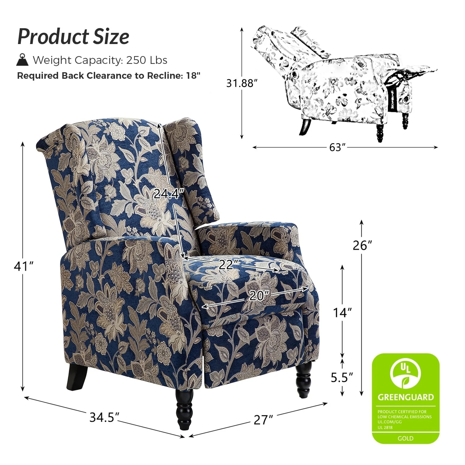 Damaris Mid-Century Modern Manual Pushback Recliner with Wingback Design by HULALA HOME