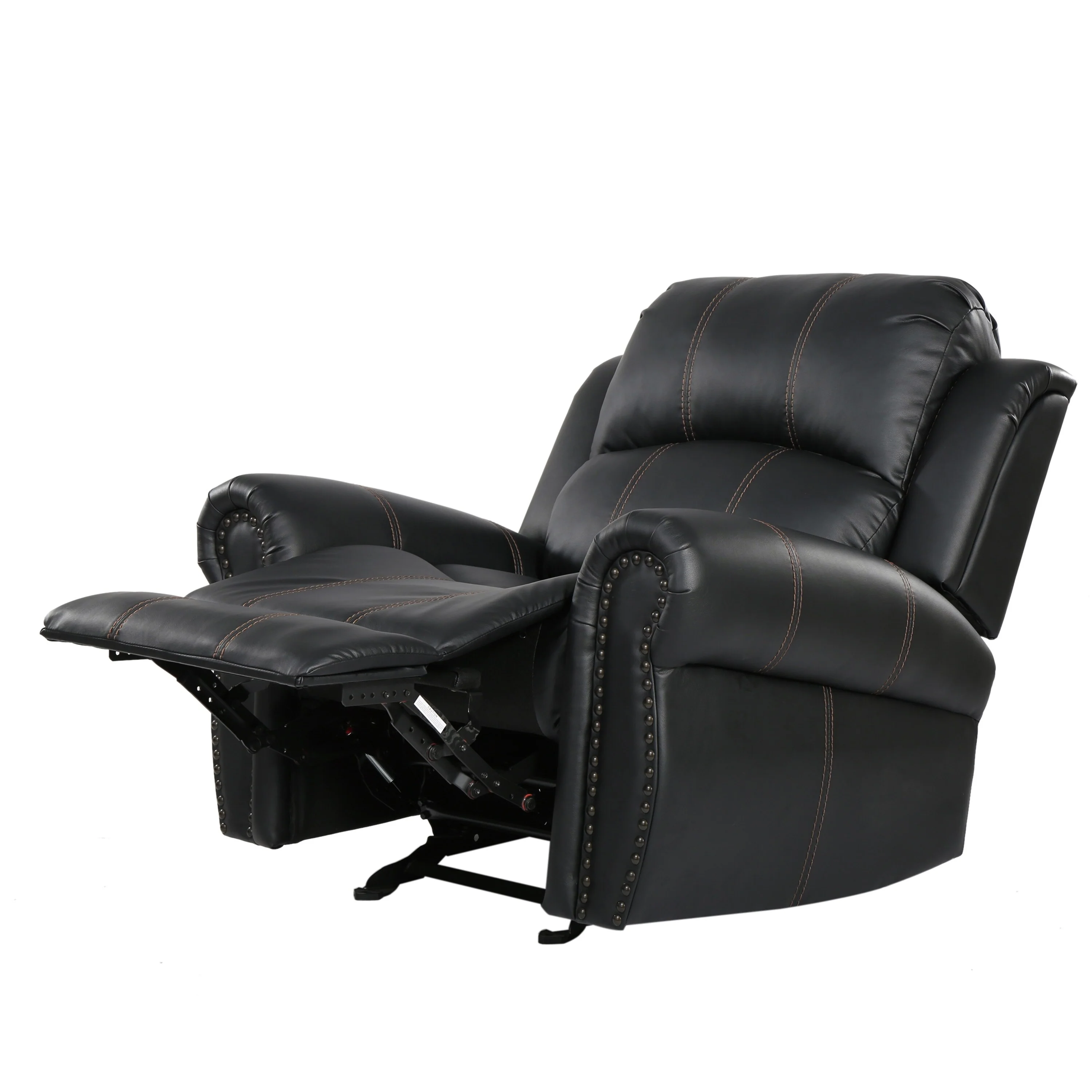 Manual Glider Recliner Chair with Faux Leather Upholstery - Rolled Arms, Nailhead Trim, Pushback Recline