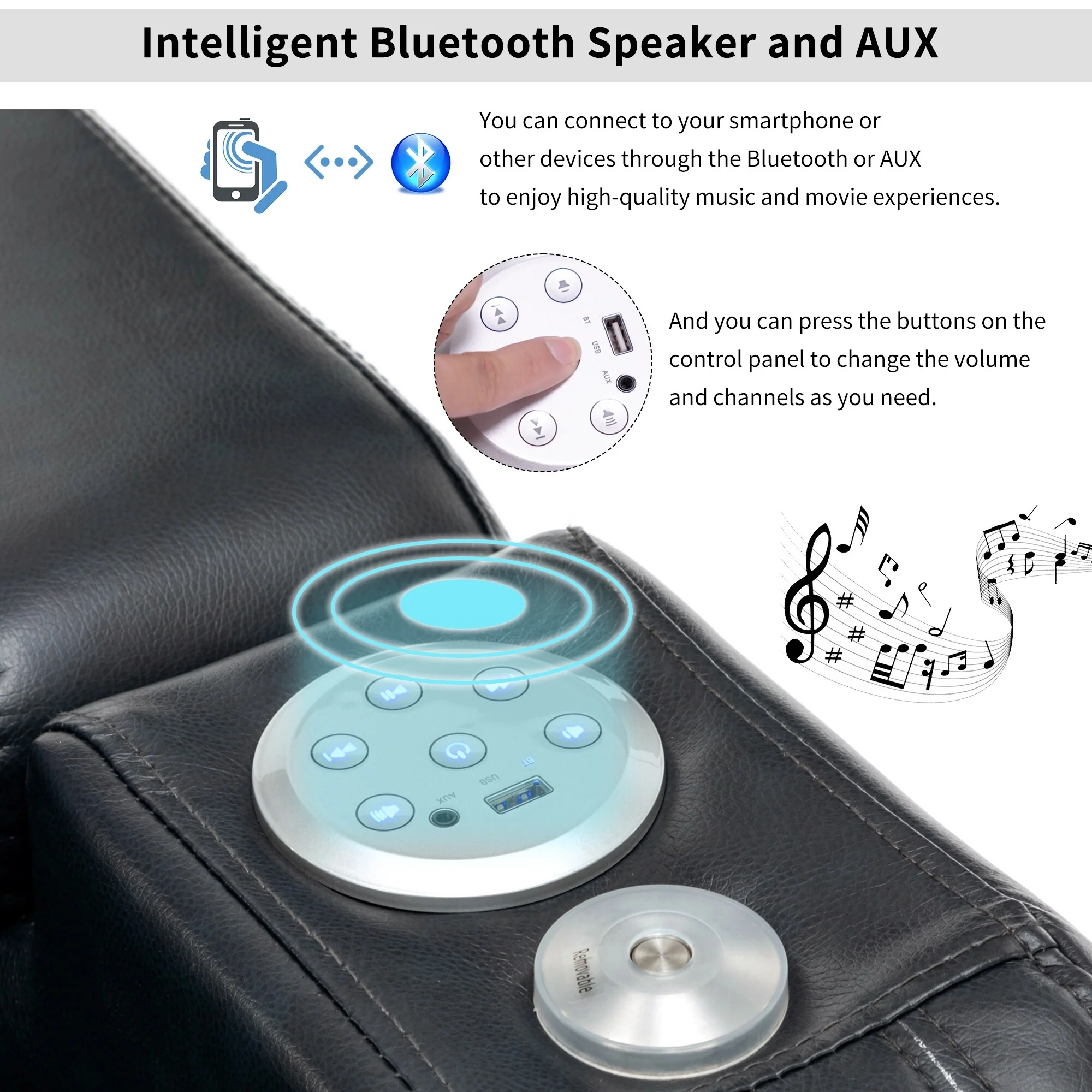 PU Leather Power Recliner Individual Seat Home Theater Recliner with Cooling Cup Holder, Bluetooth Speaker, LED Lights