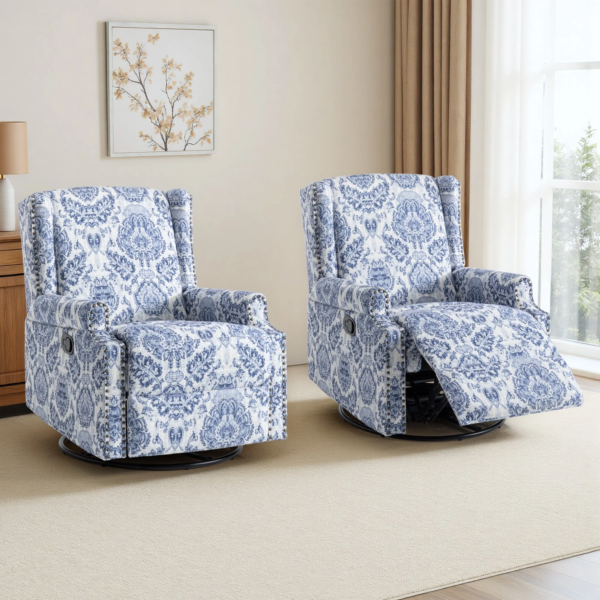 Floral Linen Manual Recliner Chair with Footrest set of 2