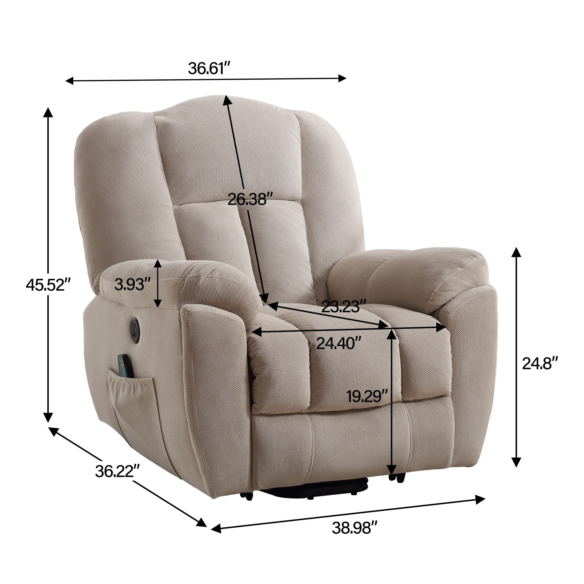 Grey Electric Power Lift Recliner with Heating, Massage, Infinite Positions, USB Charging, and Convenient Side Pockets