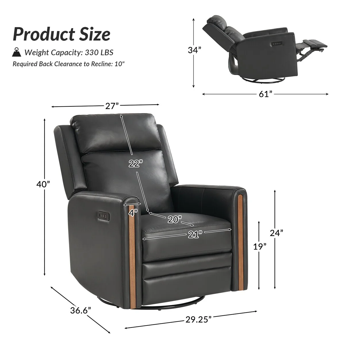 Jaime Modern Genuine Leather Rocking Swivel Power Recliner with Adjustable Headrest and Footrest by HULALA HOME