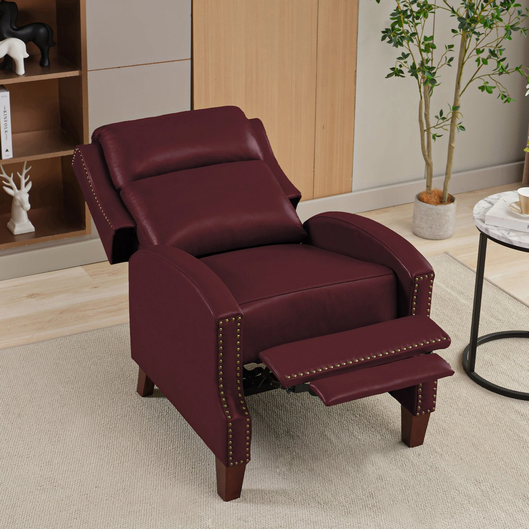 Genuine Leather Pushback Recliner with Multi-Angle Seat Back and Solid Wood Legs