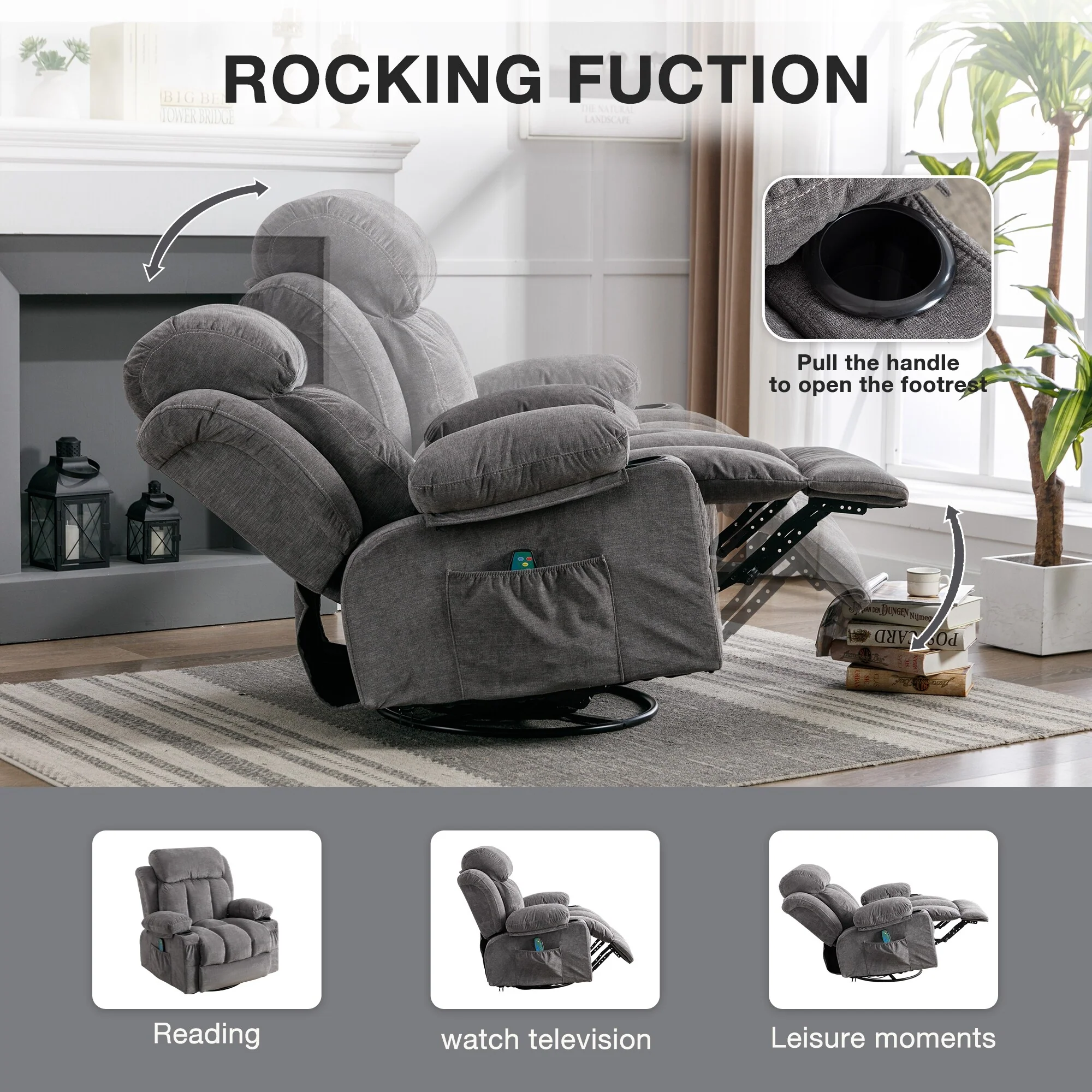 Massage 360 Swivel Rocker Recliner Chair, Heating, Cup Holders, USB