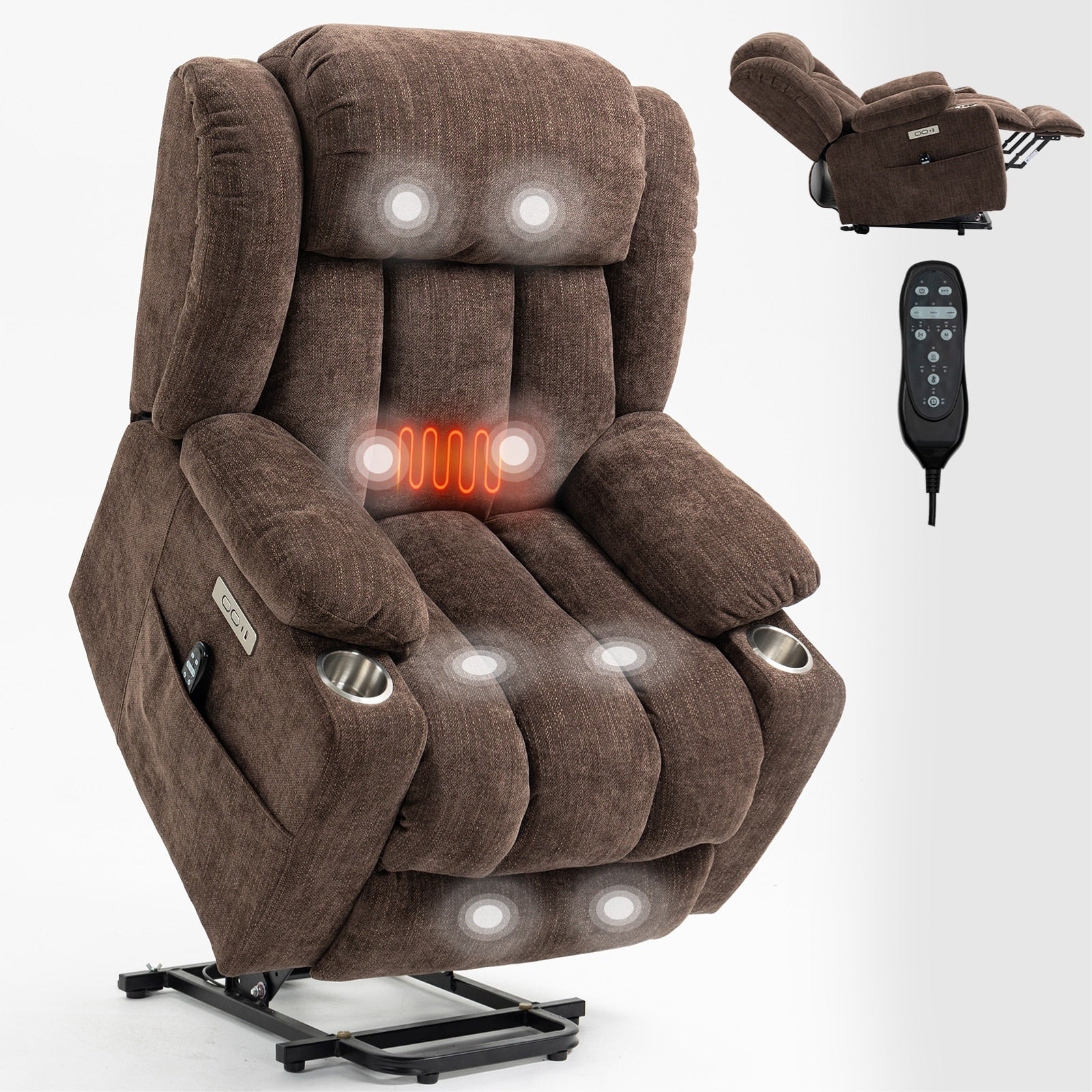 Electric Lift Recliner with Targeted Massage, Lumbar Heating, Dual USB Charging, and Stainless Steel Cup Holders