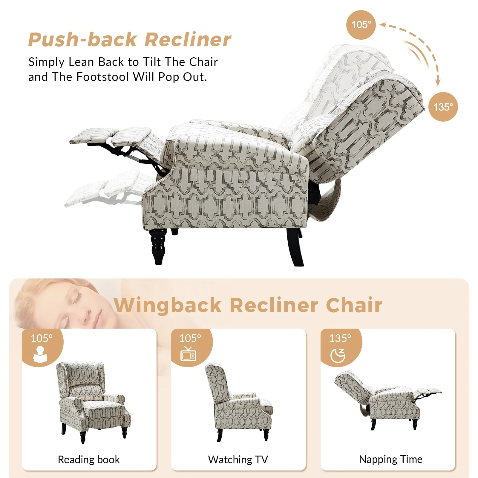 Olympus Upholstered Classic Manual Wingback Recliner with Solid Wood Legs by HULALA HOME