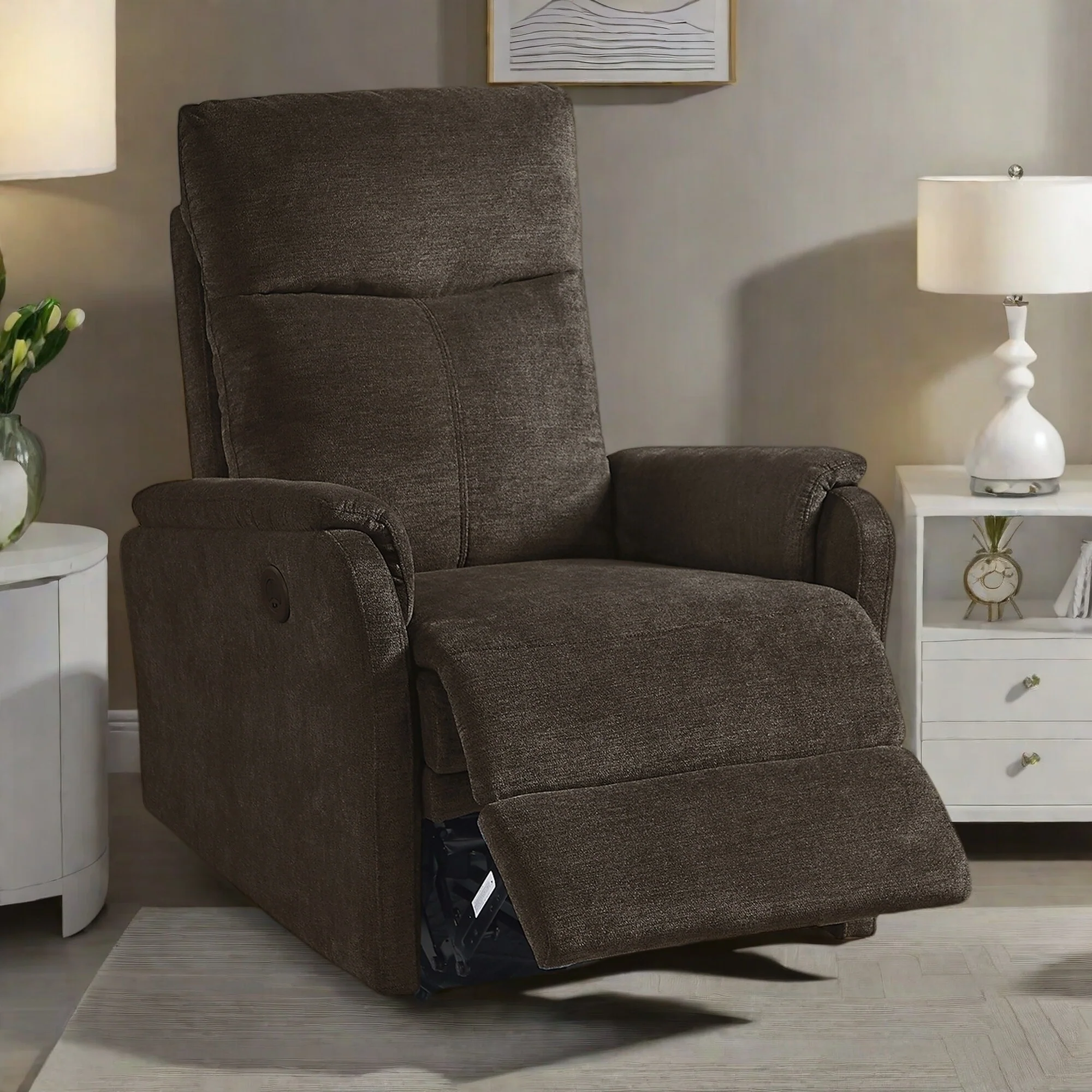 Modern Power Recliner with USB Port, Full Head & Lumbar Support, Easy-Clean Fabric