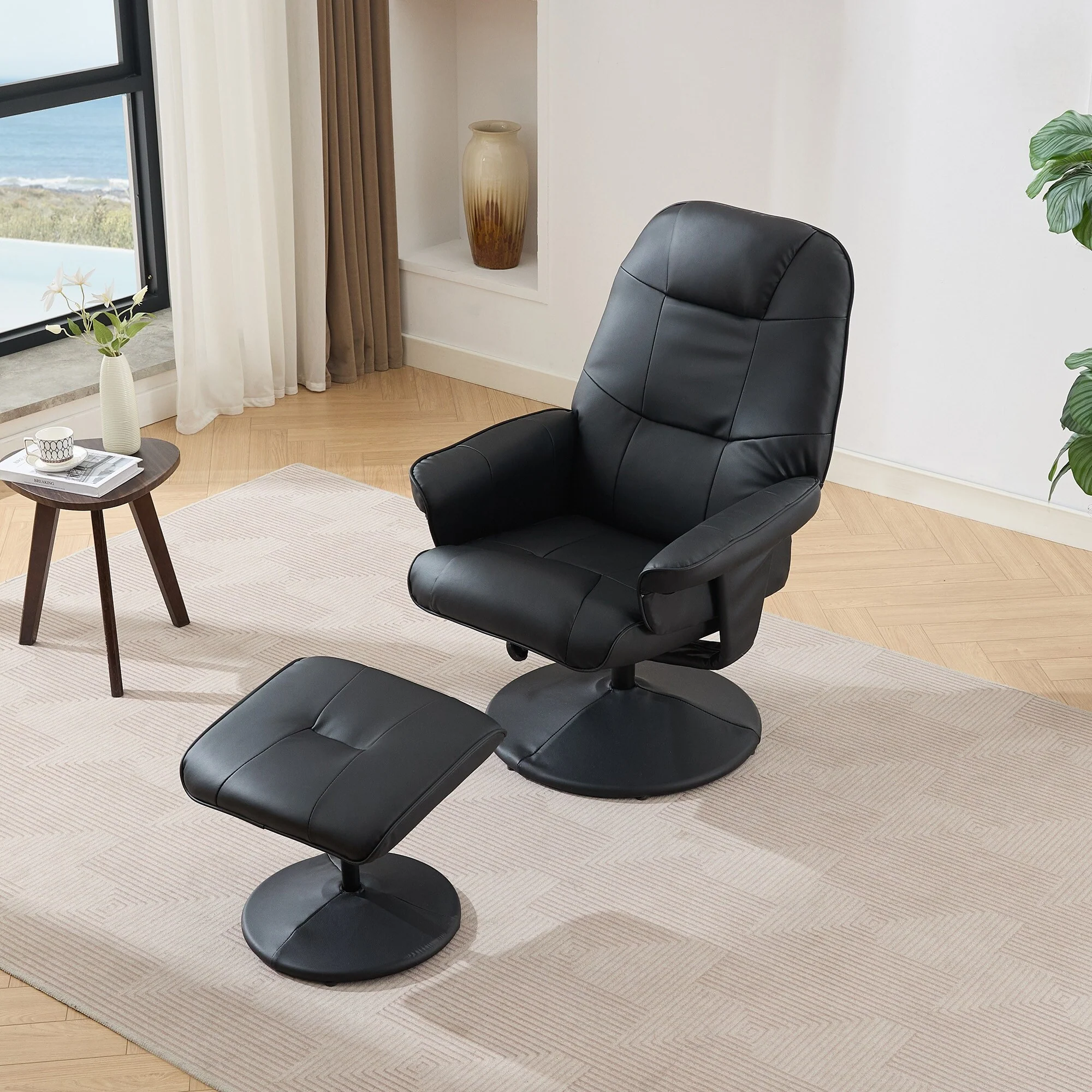 PU Leather Recliner with Ottoman, 360�� Swivel Lounge Chair Featuring 5-Point Vibration, Heated Seat & 140�� Adjustable Backrest