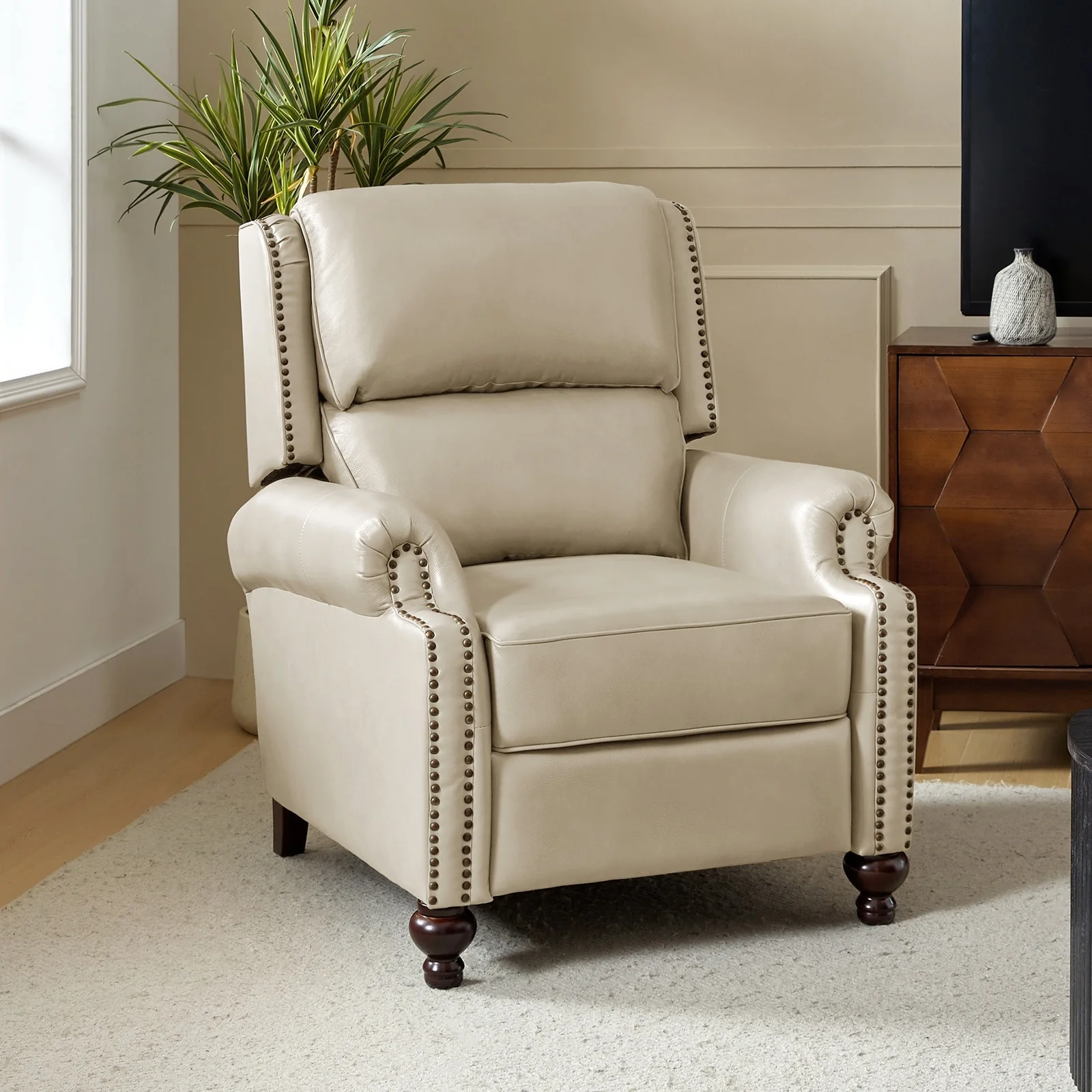 Gabriela Mid-Century Modern Genuine Leather Recliner with Tapered Block Feet by HULALA HOME