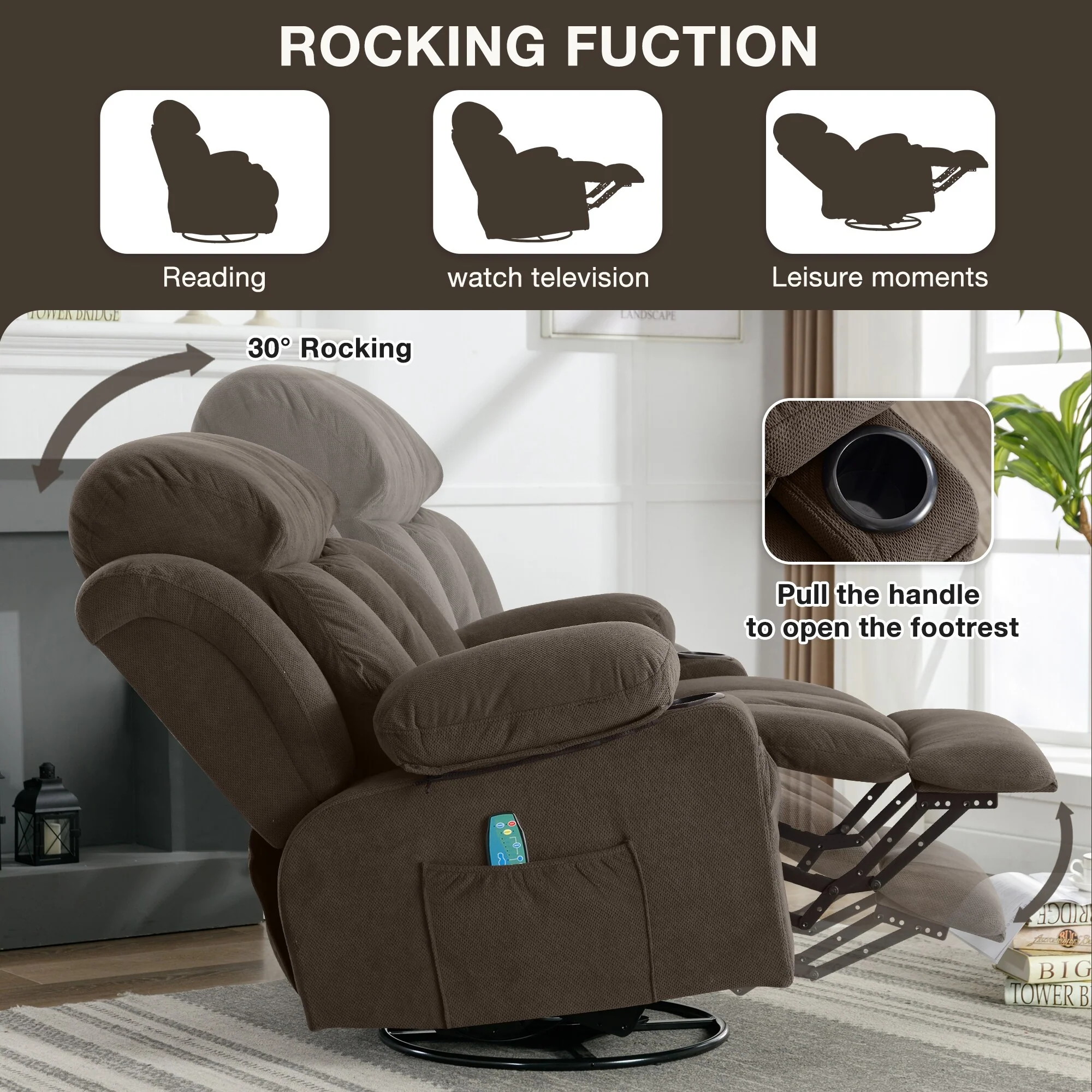Dotted Velvet Massage Heated Manual Recliner Chair w/360�� Swivel Base