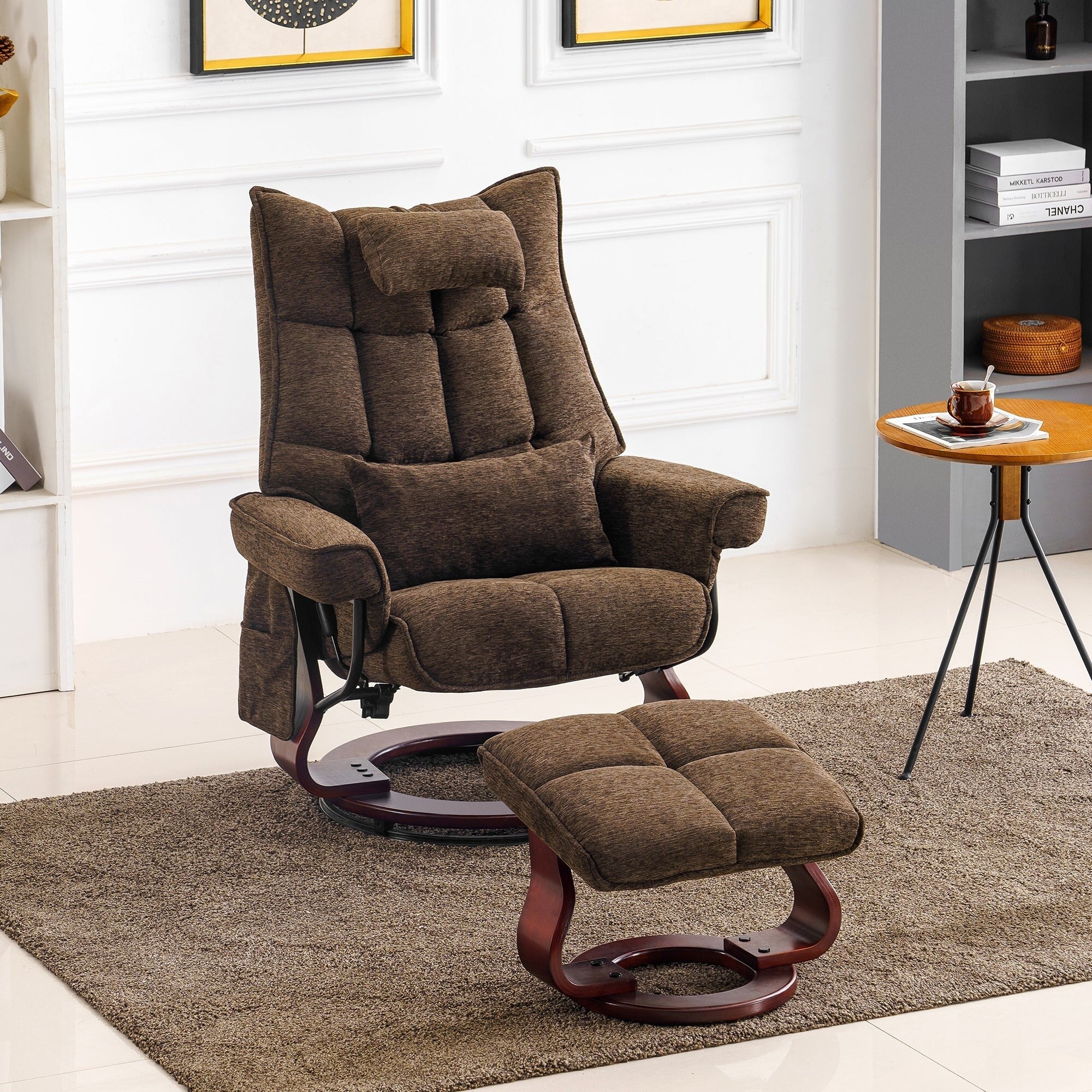 MCombo Swivel Recliner with Ottoman and Neck Pillow, Chenille Fabric