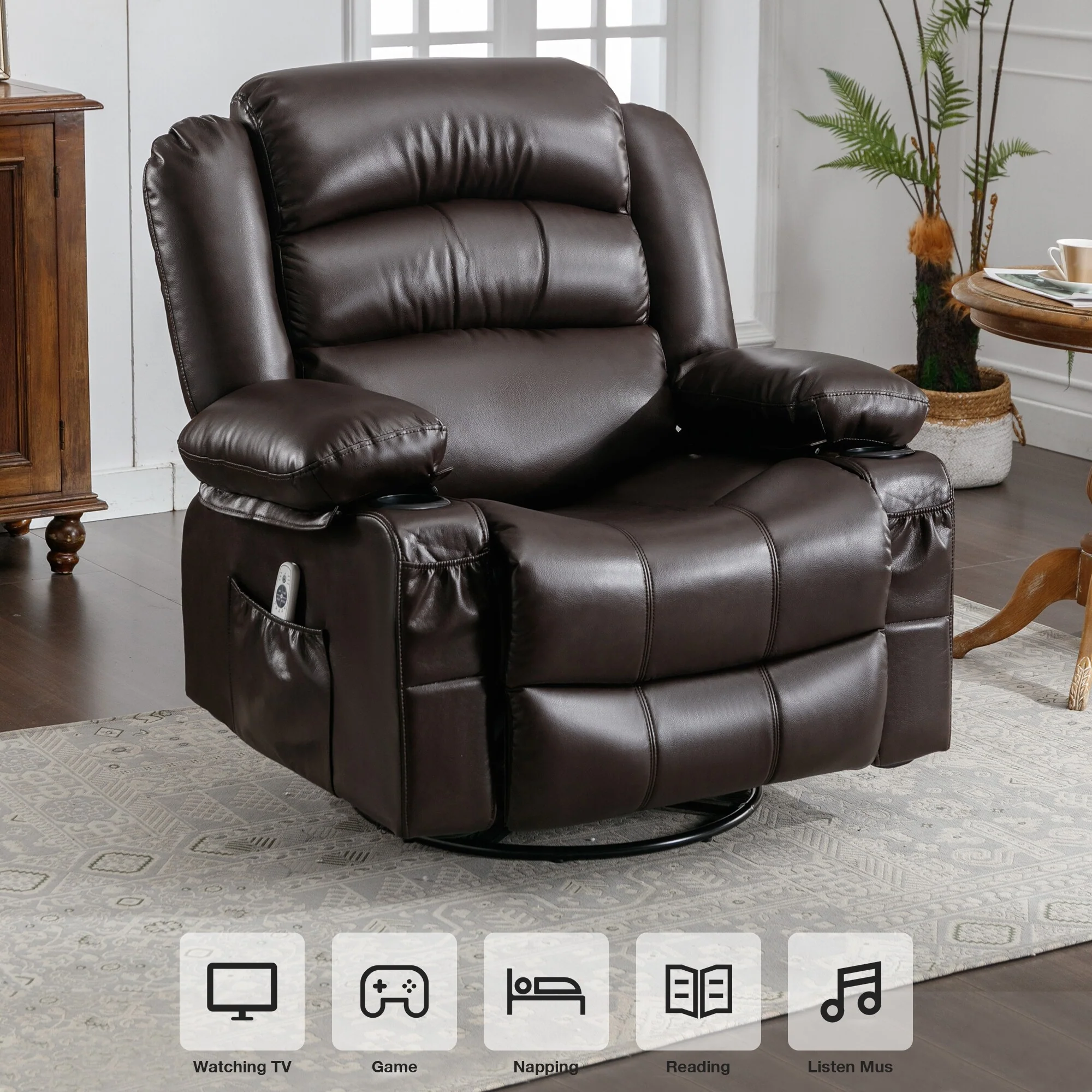 360�� Swivel Massage Recliner Chair with PU Leather, 8?Point Massage & USB