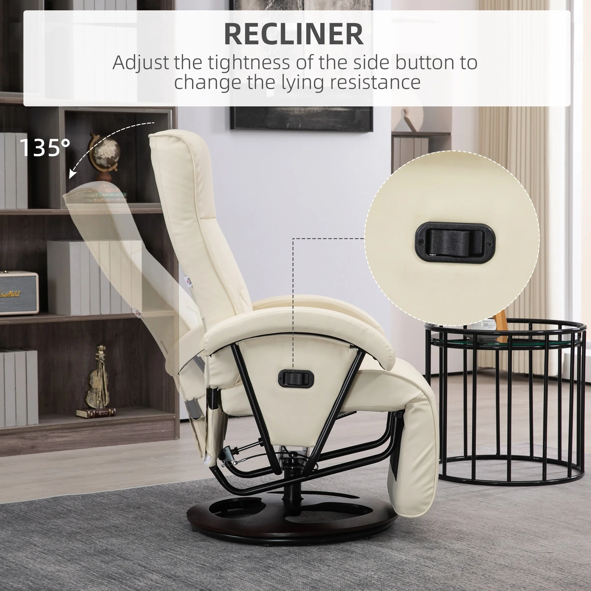 HOMCOM PU Recliner with Footrest, Lounge Chair with 135�� Adjustable Backrest, Swivel Wood Base