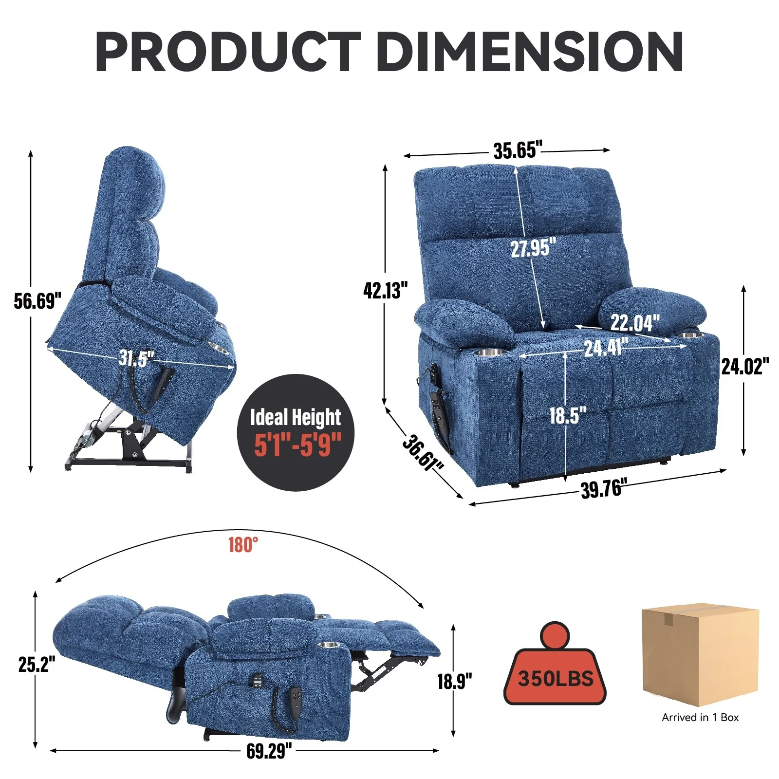 Lift Recliner Chair, Heavy Duty Motion Mechanism with 8-Point Vibration Massage and Lumbar Heating, Dual Cup Holders