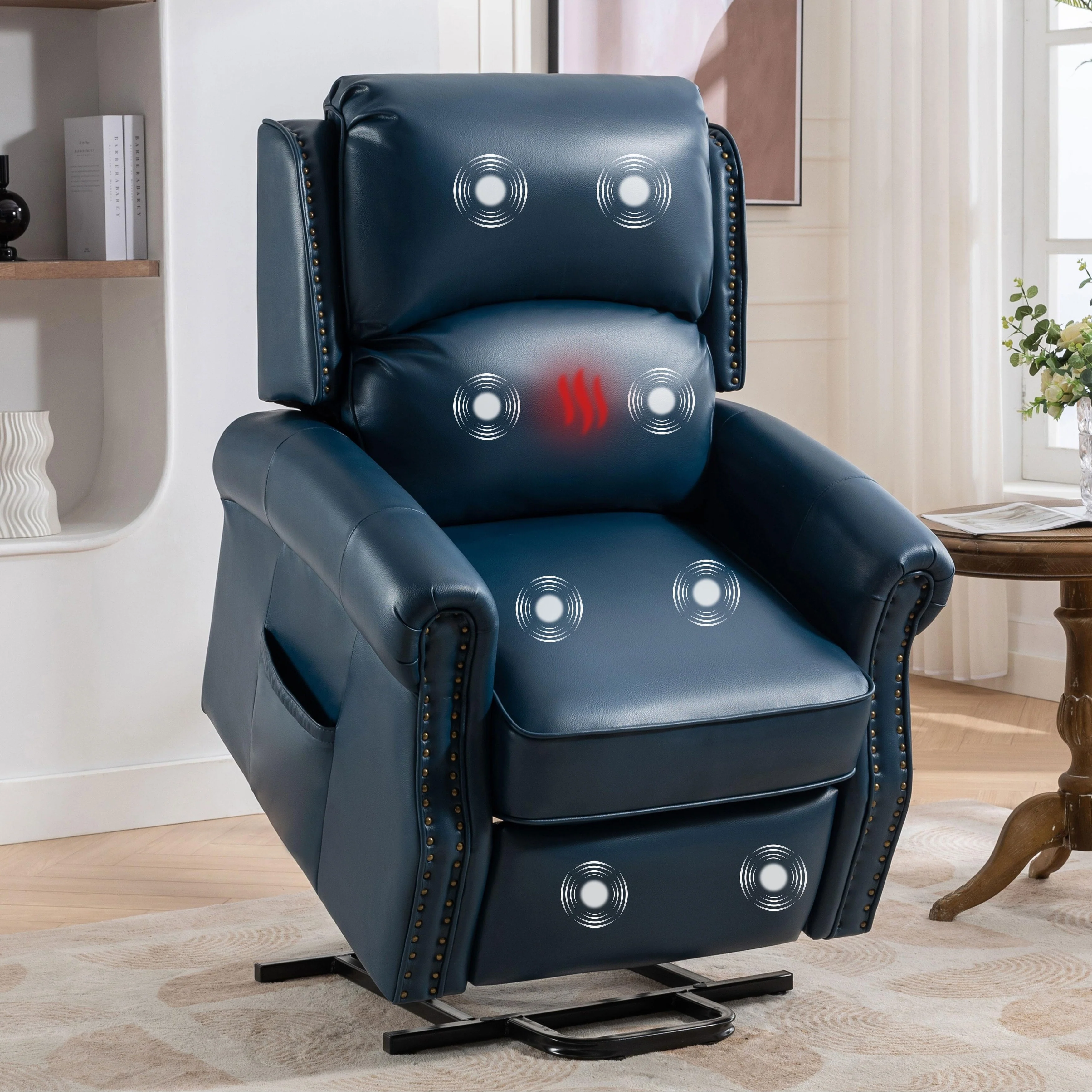 Blue Electric Lift Recliner for Seniors featuring 8-Point Massage, Heating, Zero Gravity, USB Ports, and Storage Compartment