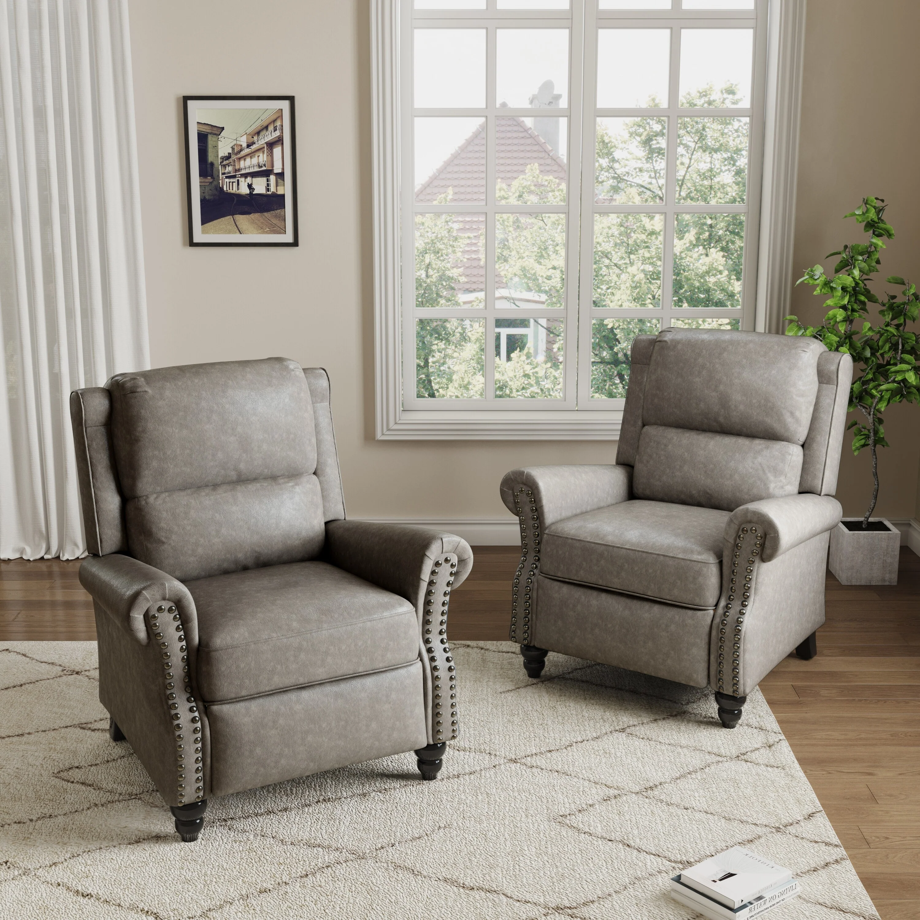 2 Set Manual Pushback Recliner Chair with Nailhead Trim