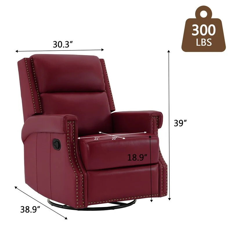 Genuine Leather Manual Rocking Recliner with 360-degree Metal Swivel Base