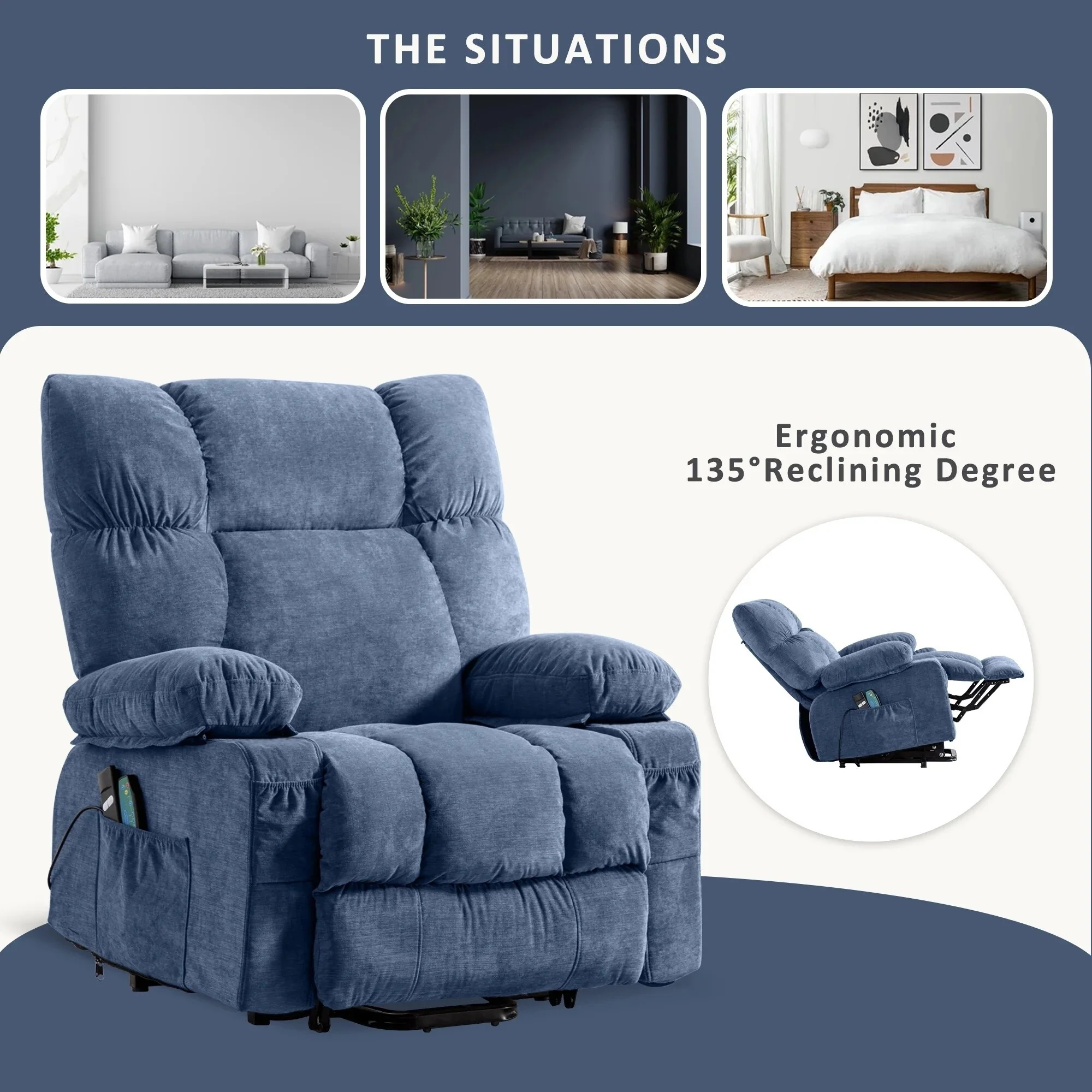 Blue Power Lift Recliner Chair with Heat, Massage, USB, and Remote Control