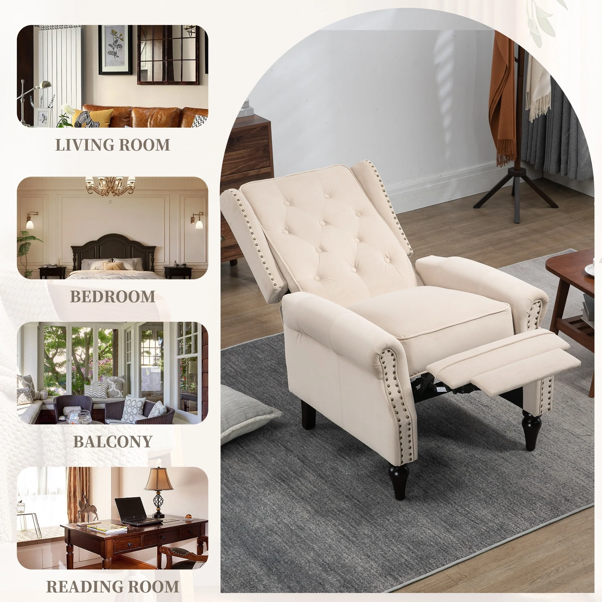 Velvet Upholstered Nailhead Tufted Recliner Chair with Black Legs