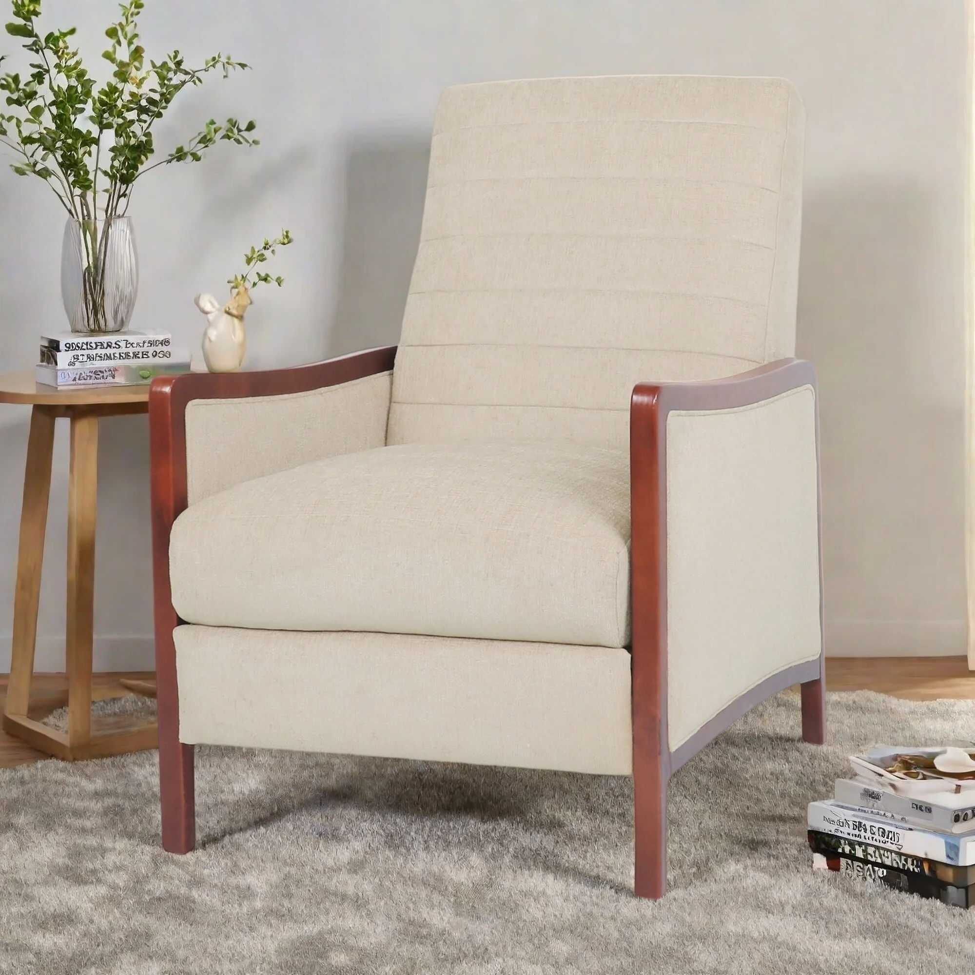 Mid-Century Modern Pushback Recliner with Channel Stitching and Birch Wood Frame