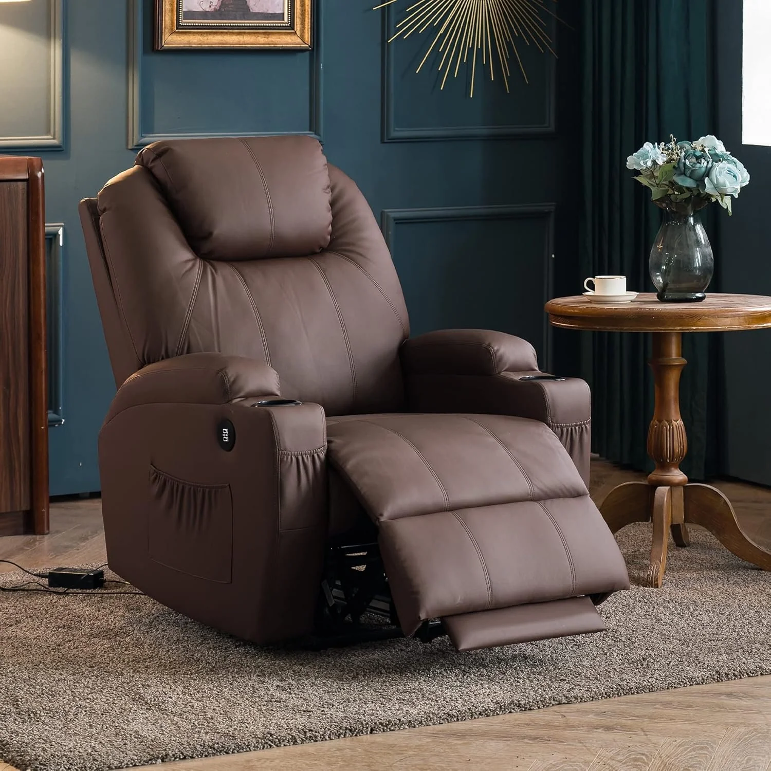 Mcombo Electric Power Recliner Chair with Massage and Heat, Faux Leather 7050