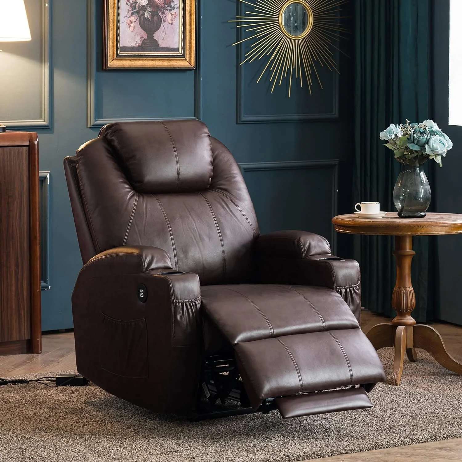 Mcombo Electric Power Recliner Chair with Massage and Heat, Faux Leather 7050