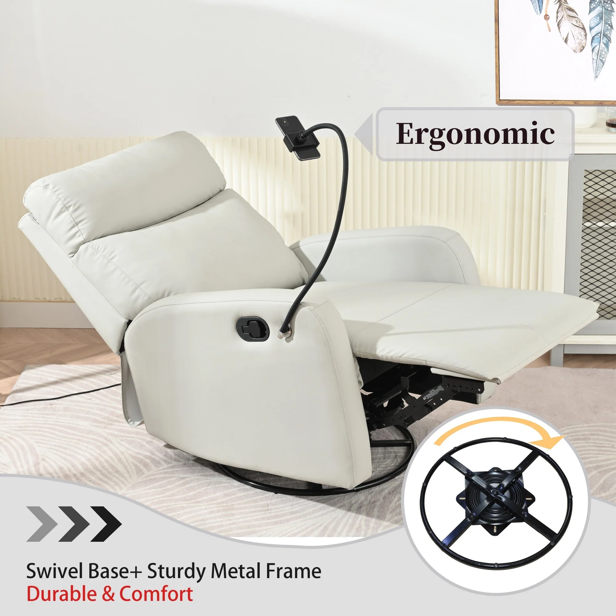 Grey 360�� Swivel Rocking Recliner with Adjustable Footrest, Padded Comfort, and Phone Holder