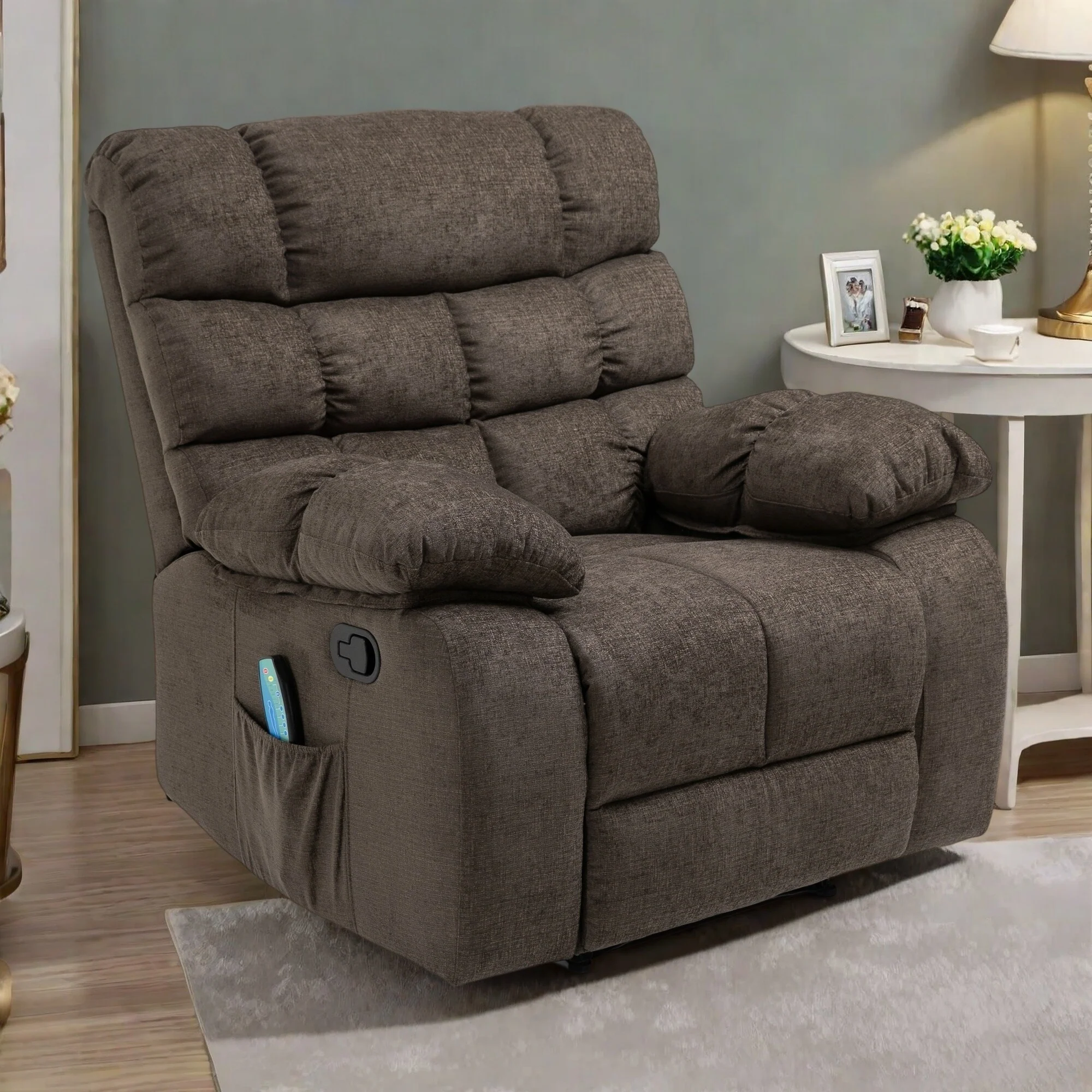 Modern Massage Recliner Chair with Pillow Tufting, 5 Modes, Remote Control and Manual Pull Recline
