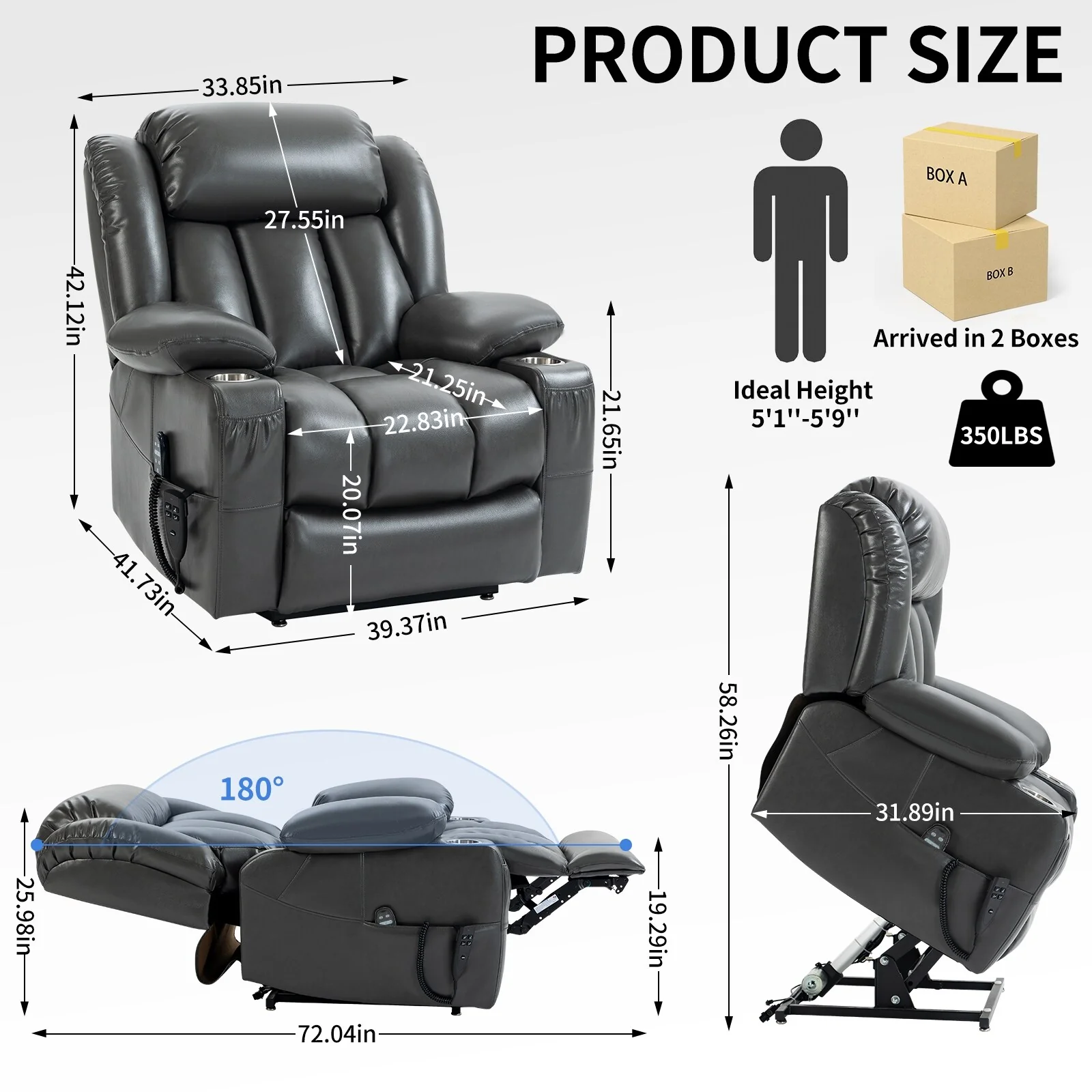 Grey Dual Motor Power Lift Recliner with 8-Point Massage, Lumbar Heating, Stainless Steel Cup Holders, and Side Pockets