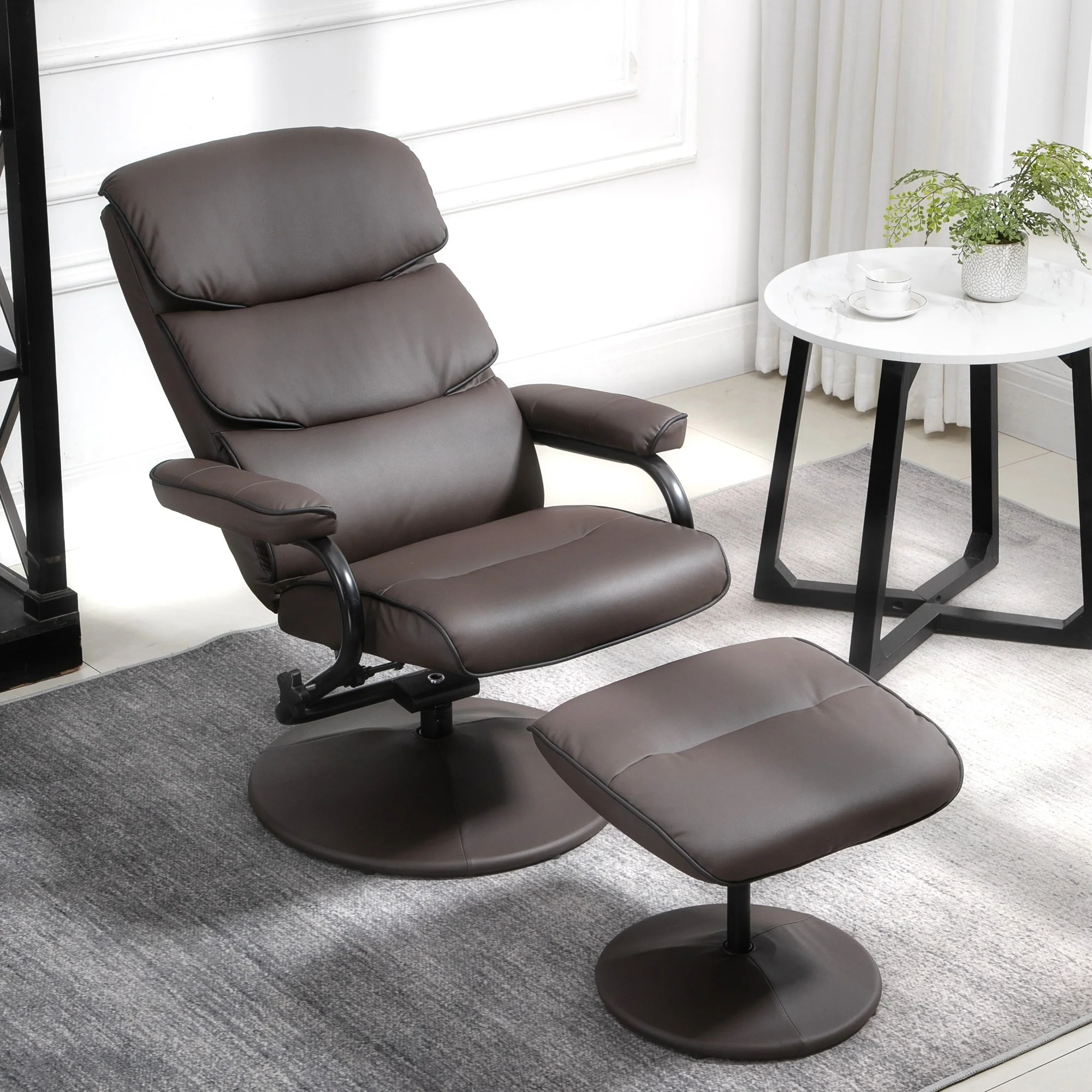 HOMCOM Recliner Chair with Ottoman, Swivel PU Leather High Back Armchair w/ Footrest Stool, 135�� Adjustable Backrest