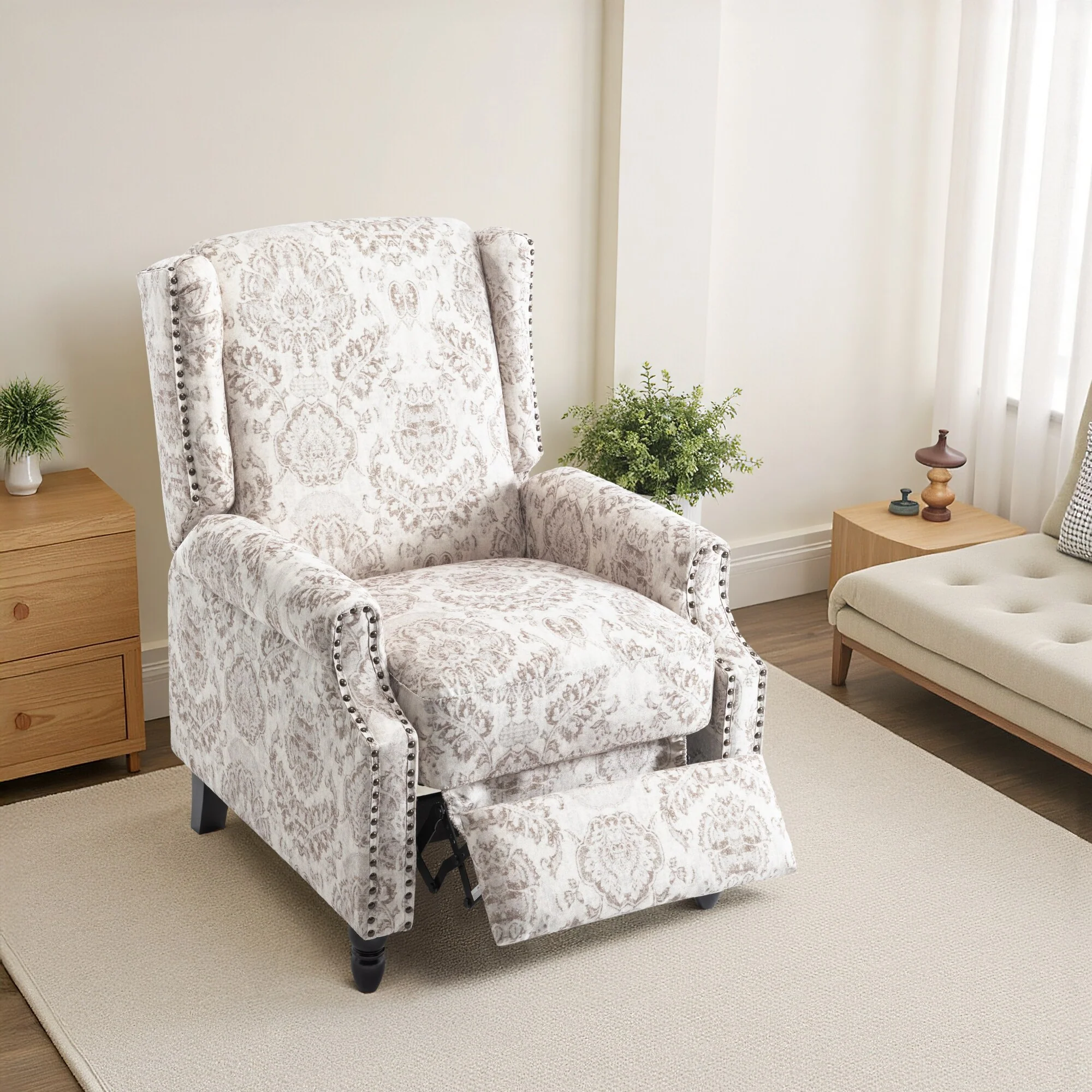 29'' W Vintage Linen Floral Manual Push Back Recliner Chair