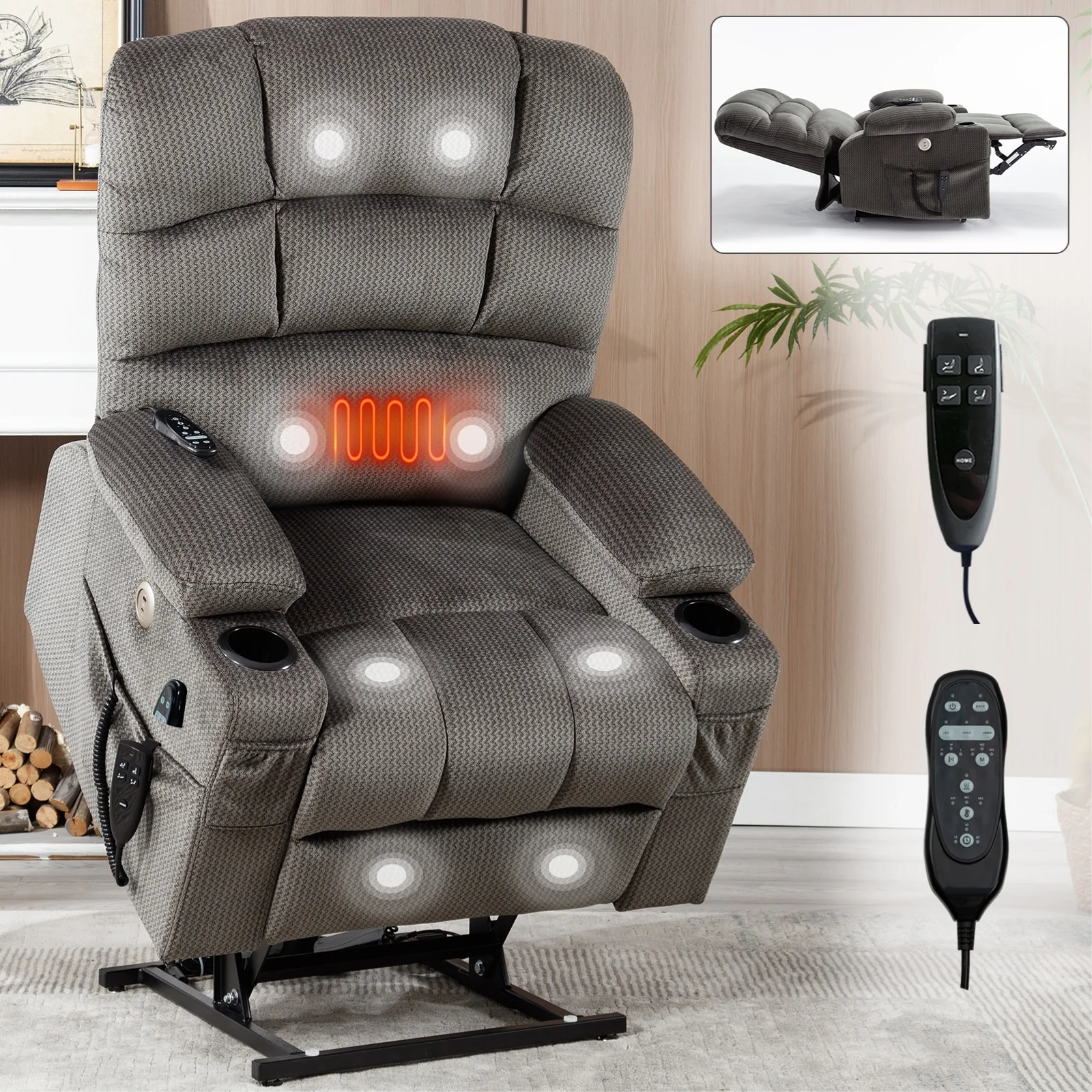 Dual Motor Power Lift Recliner Chair with Massage, Lumbar Heating, 8-Point Vibration, and Dual Cup Holders