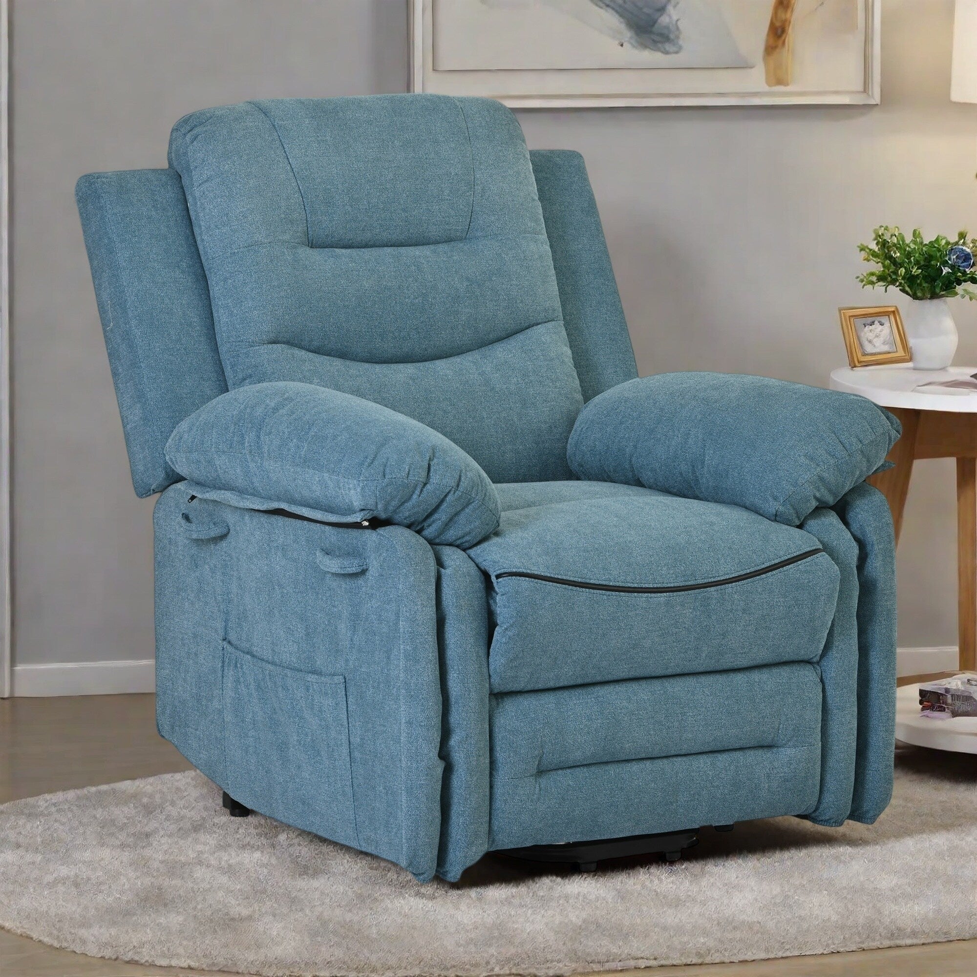 Standard Size Linen Power Lift Recliner Chair with Massage, Heating, and Side Storage Pocket