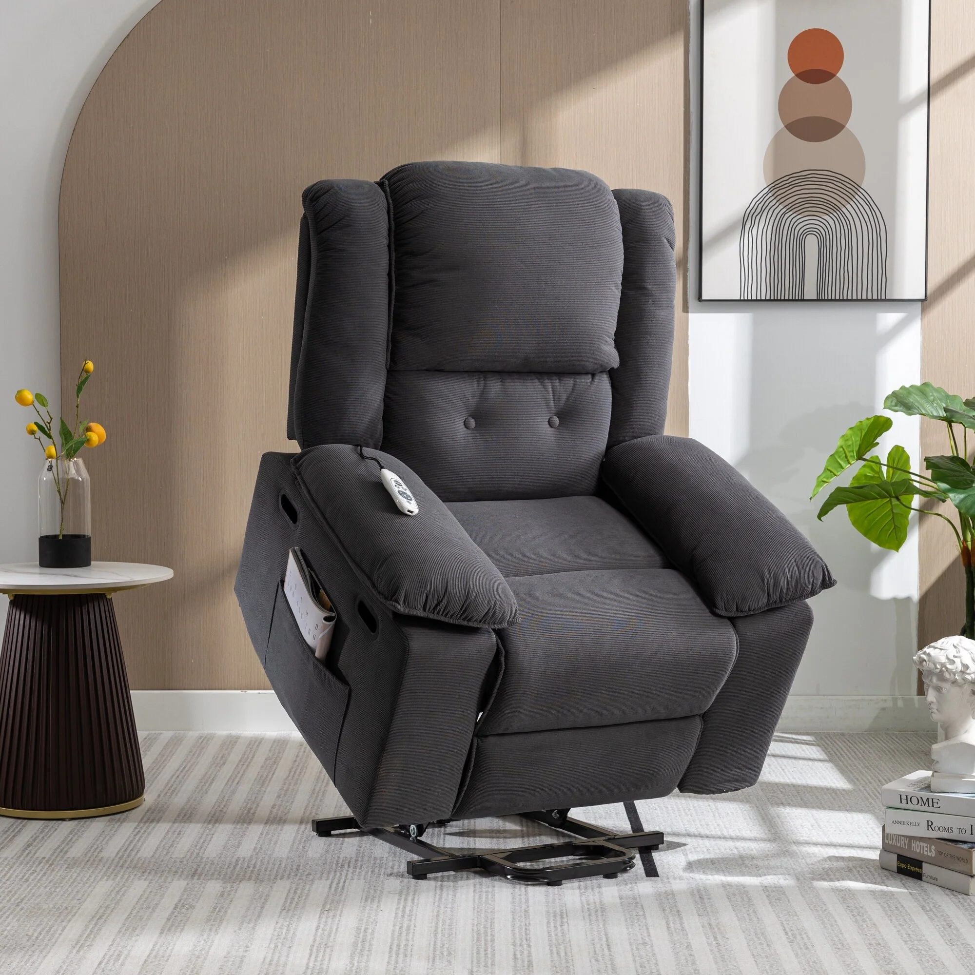 Beige Power Lift Recliner with Massage, Heating, Infinite Recline, Side Pockets, and Retractable Armrests