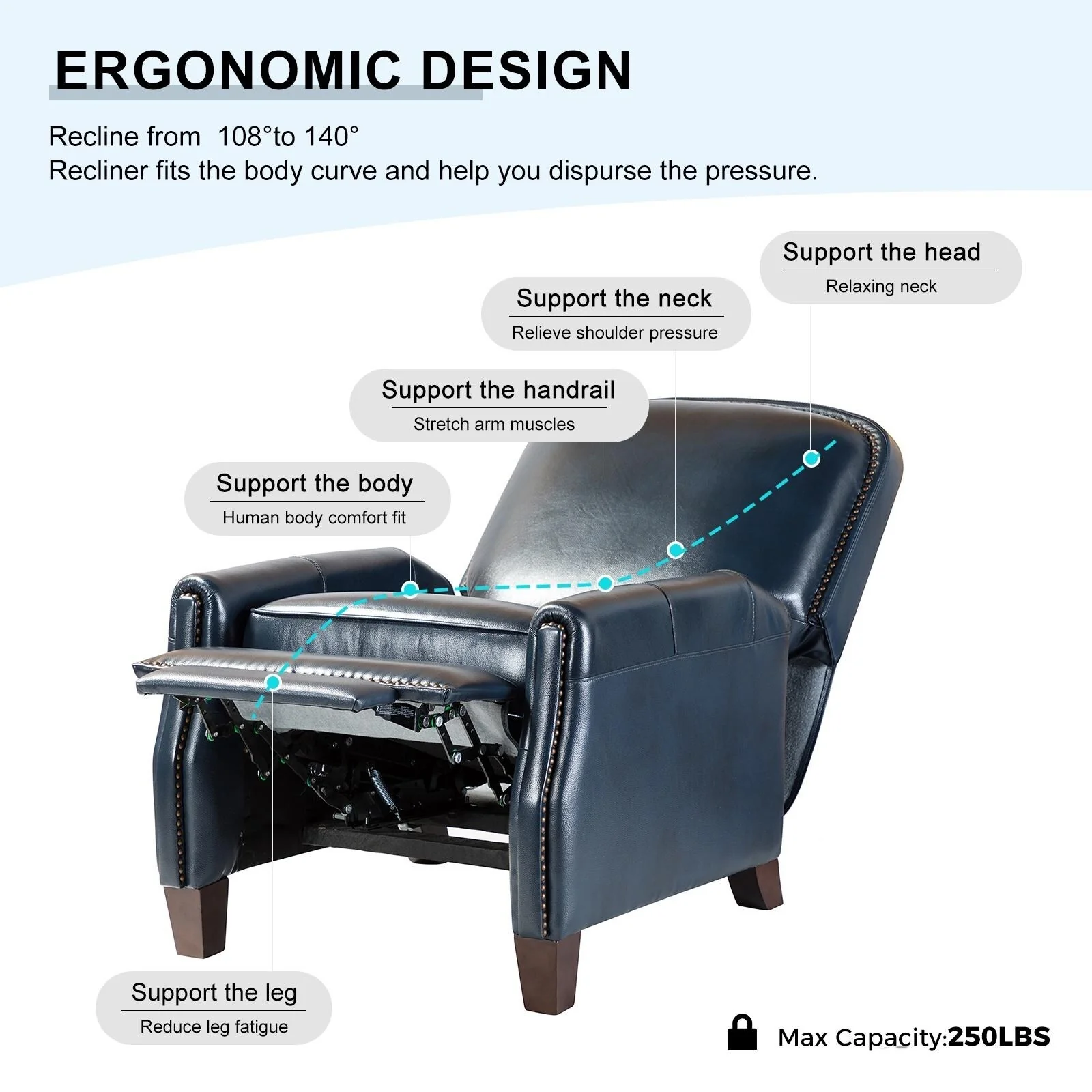 Gladis Modern Retro Genuine Leather Recliner with Nailhead Trim by HULALA HOME