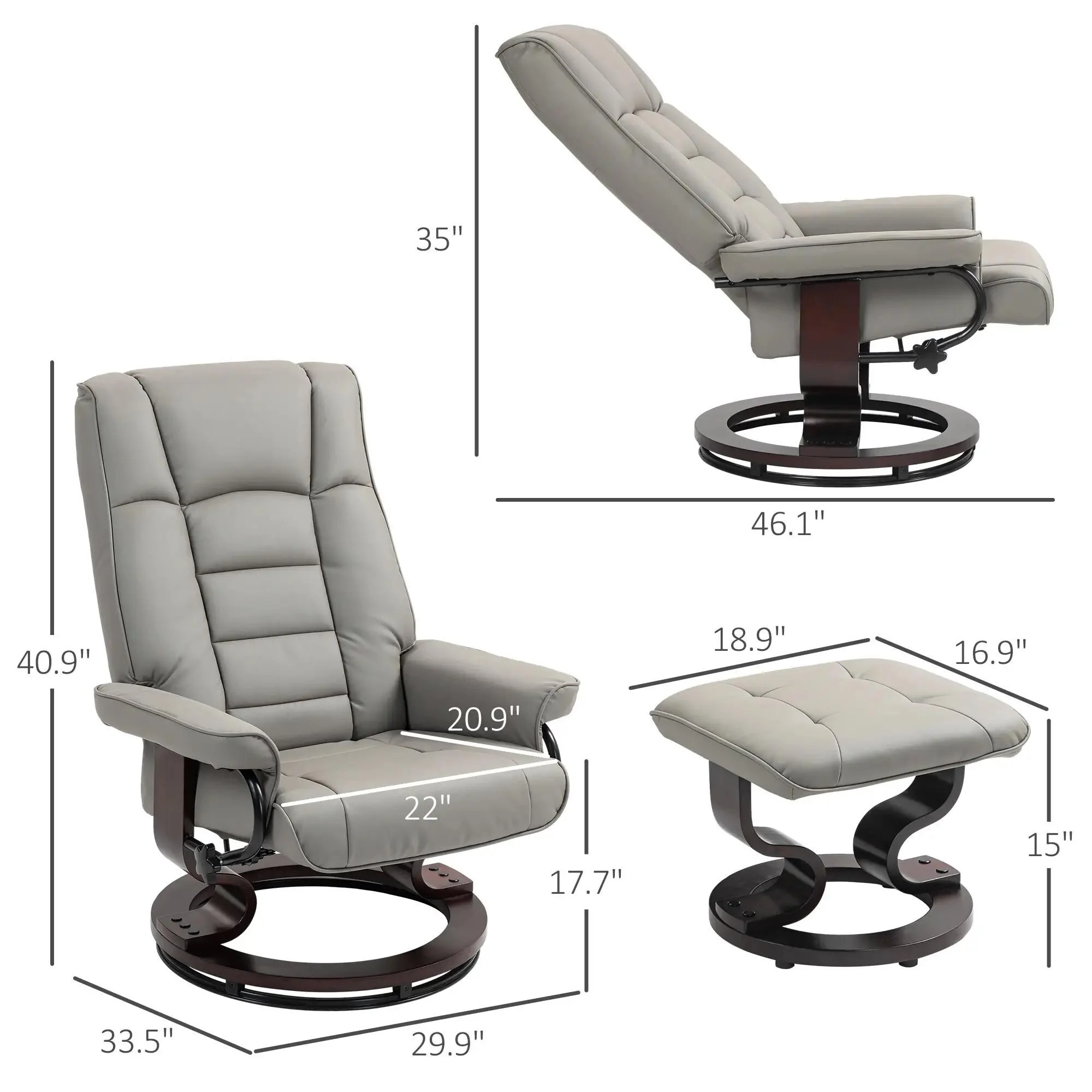 Faux Leather Swivel Recliner with Ottoman and Wood Base