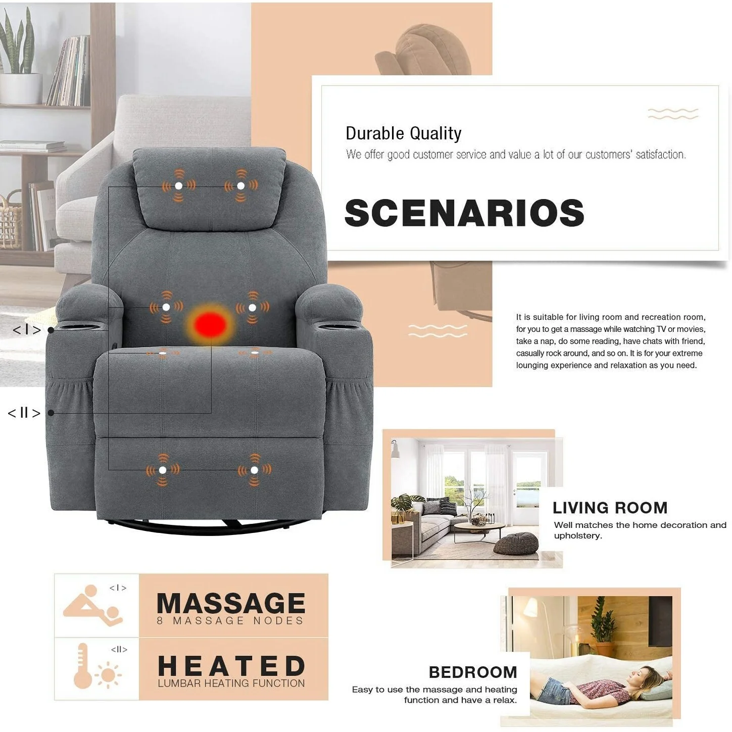 Furniwell Rotary Massage Heated Function Recliner Fabric Whirl