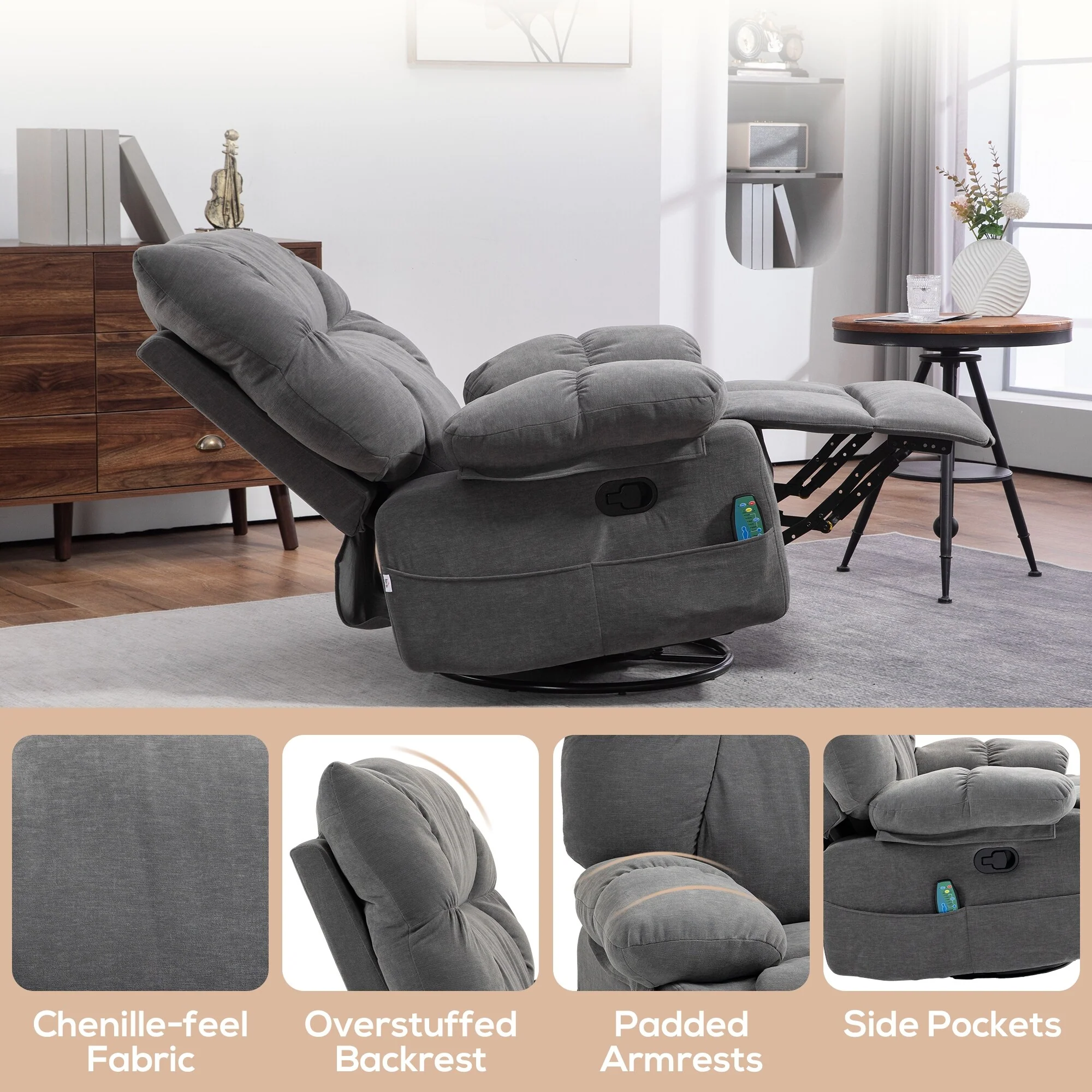 Grey Swivel Manual Recliner featuring Vibration Massage, Heating, Footrest, Remote Control, and Four Convenient Side Pockets
