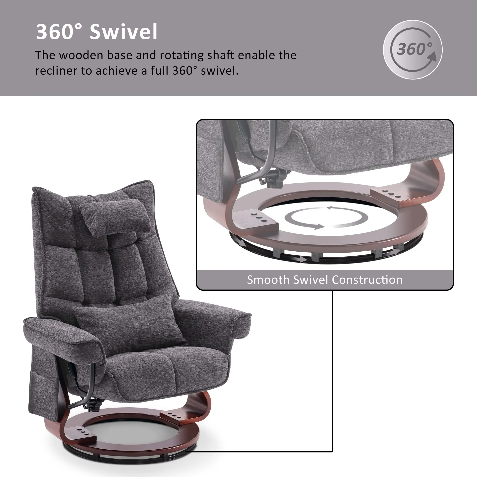 MCombo Swivel Recliner with Ottoman and Neck Pillow, Chenille Fabric