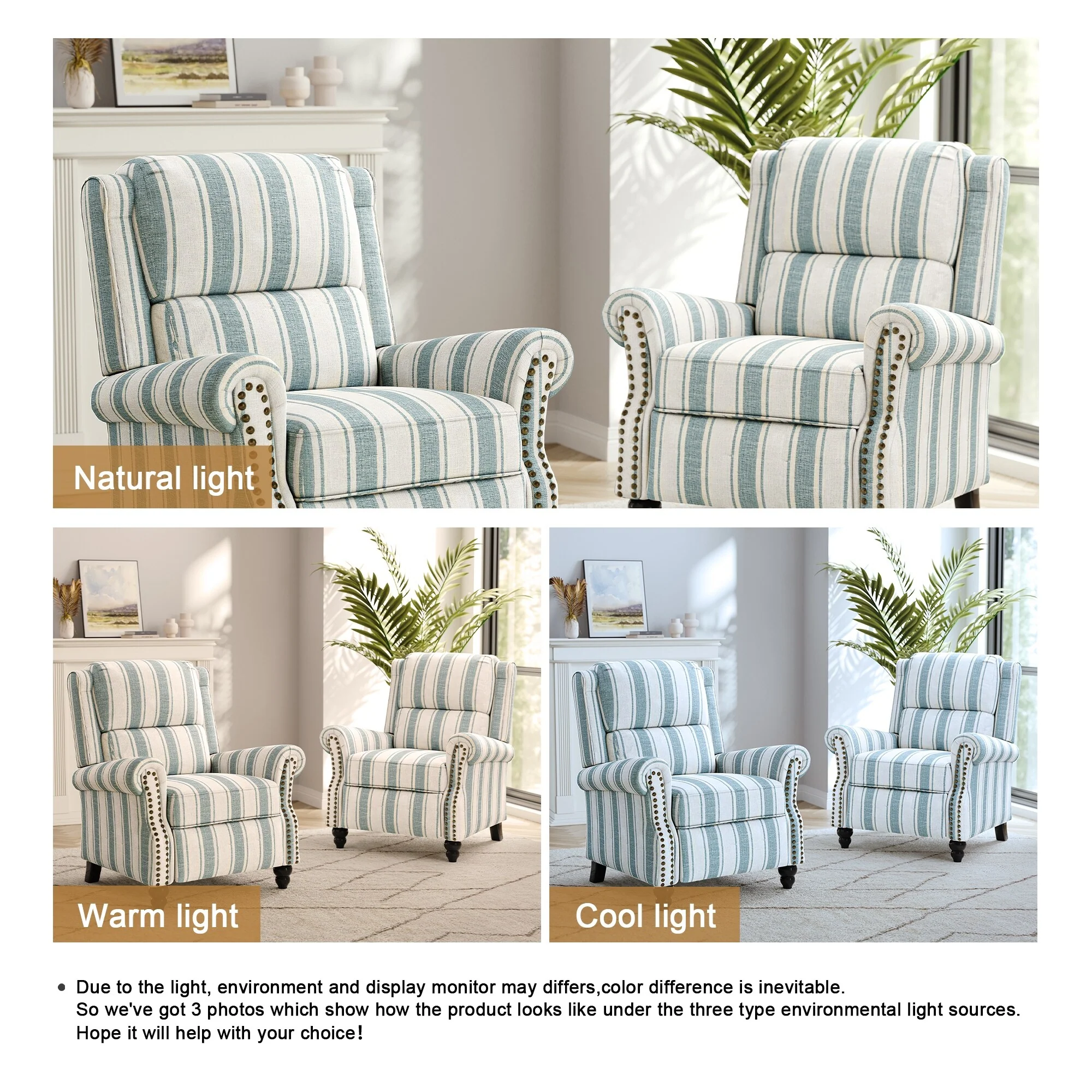 2 Set Nail-head Padded Seat Pushback Recliner Chair