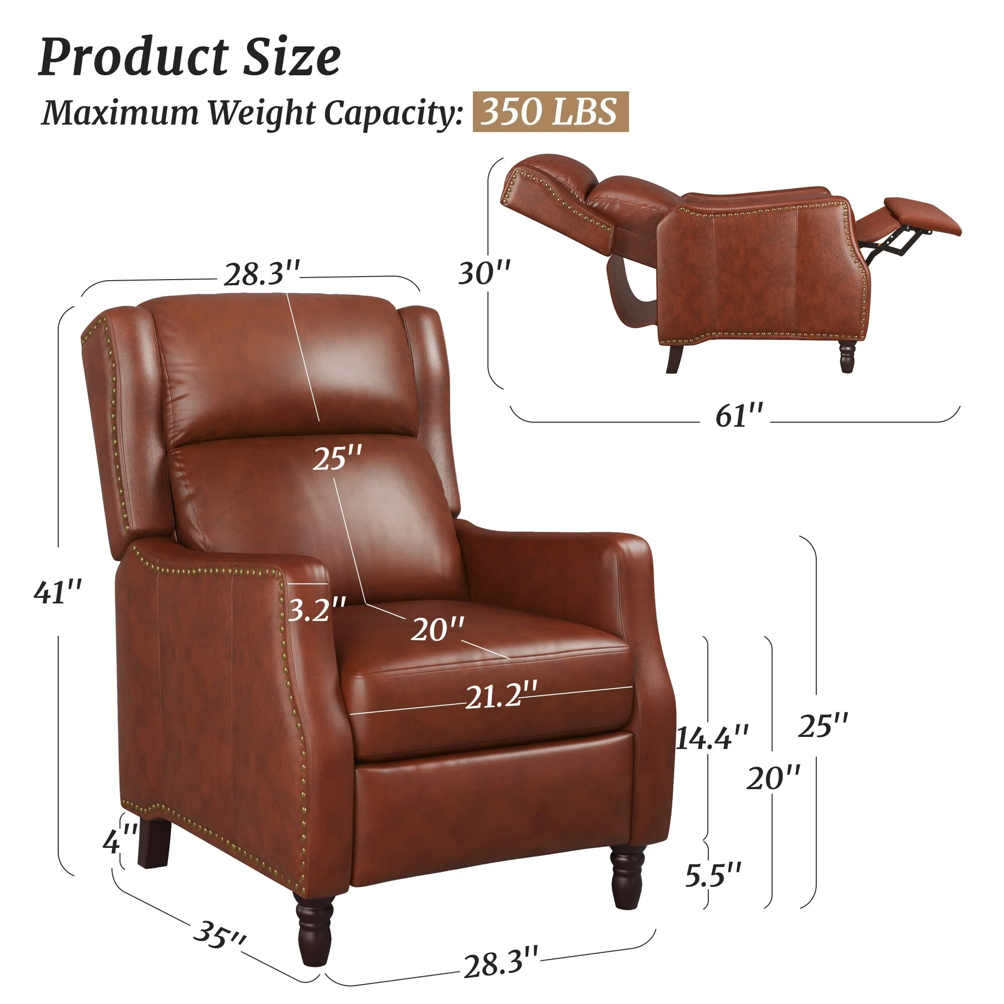 COZYMAN Modern Genuine Leather Push Back Recliner Adjustable Recliner Chair with 3-Position Seat